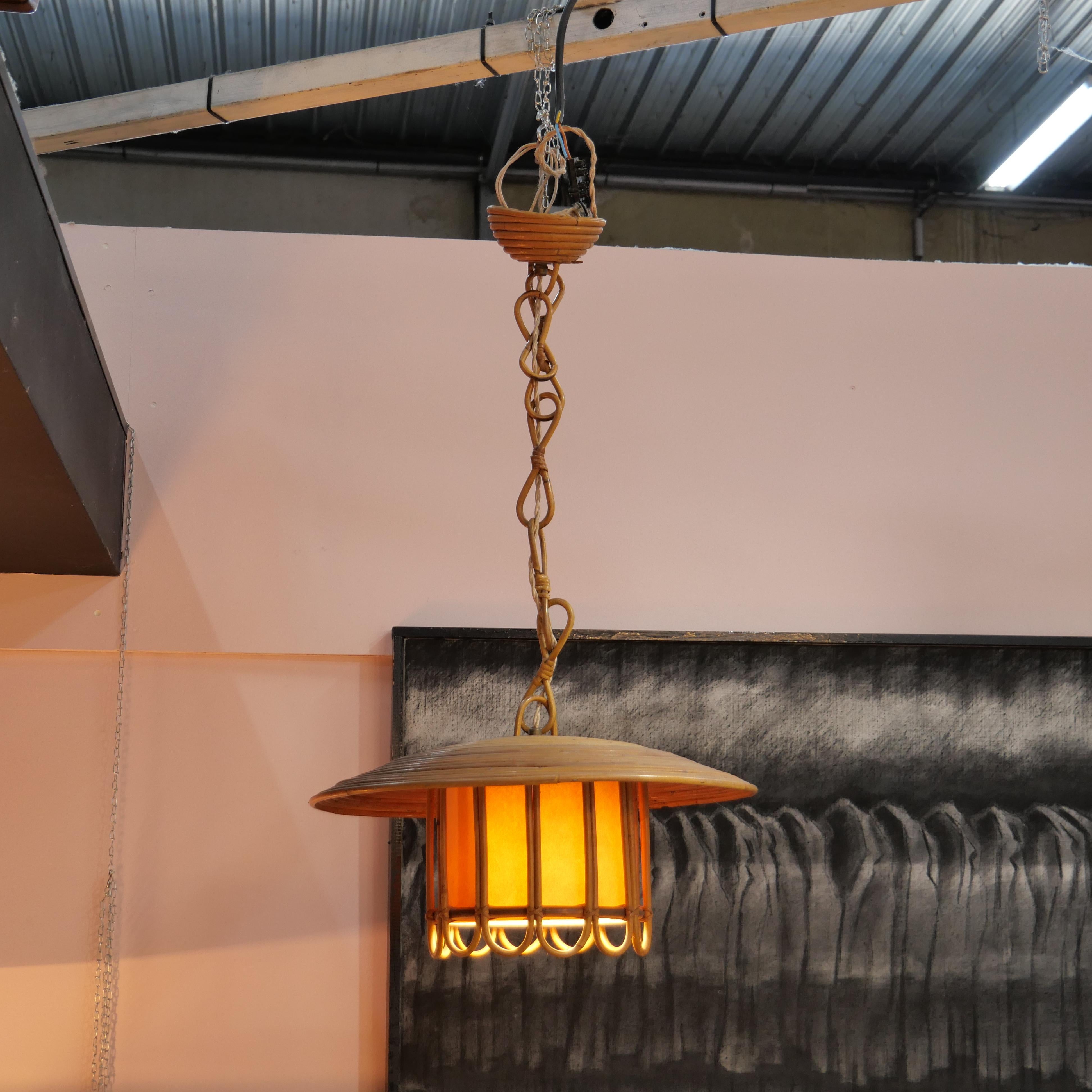 Italian Mid-Century Pencil Reed Rattan Bamboo pendant light. Italy 1970's For Sale