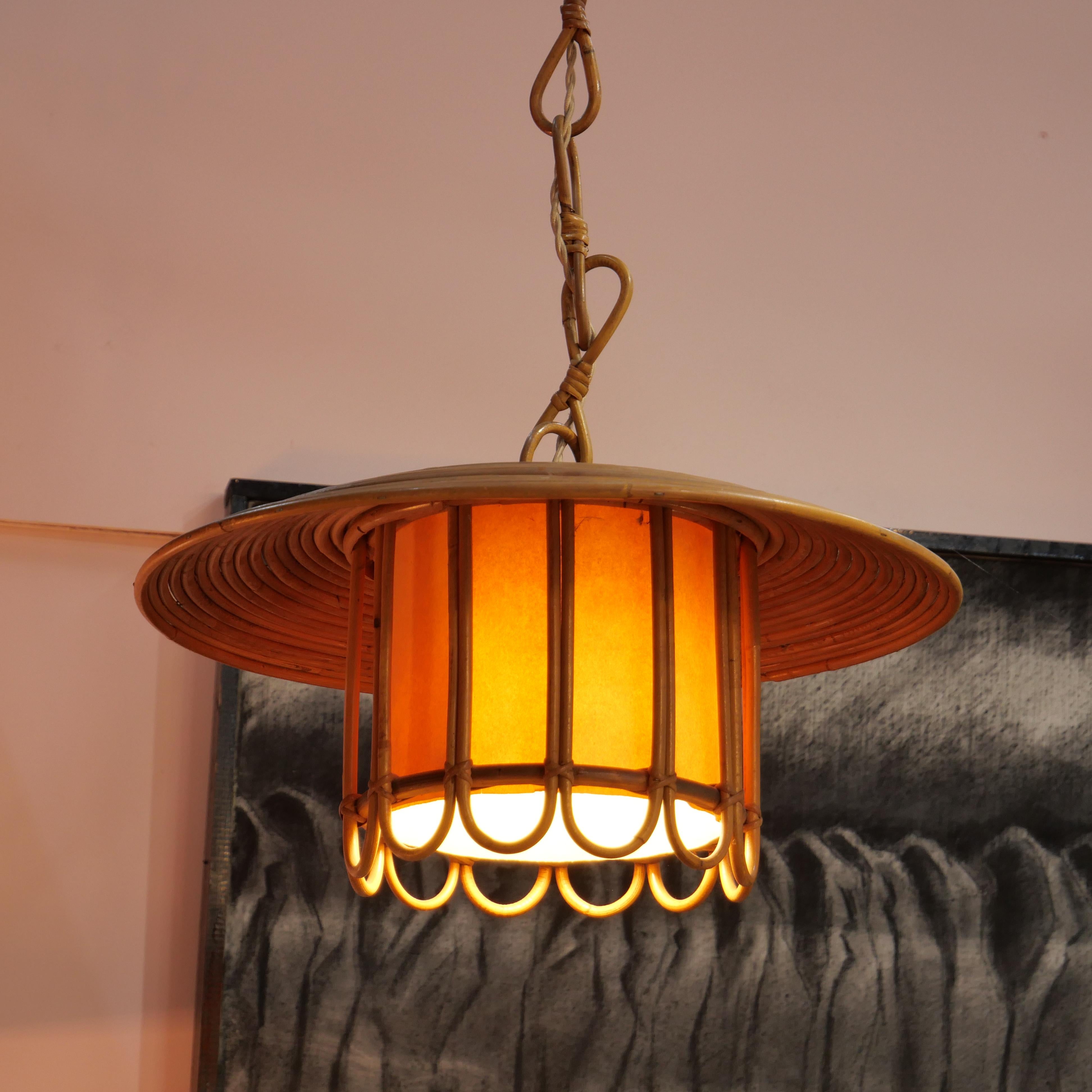 Late 20th Century Mid-Century Pencil Reed Rattan Bamboo pendant light. Italy 1970's For Sale