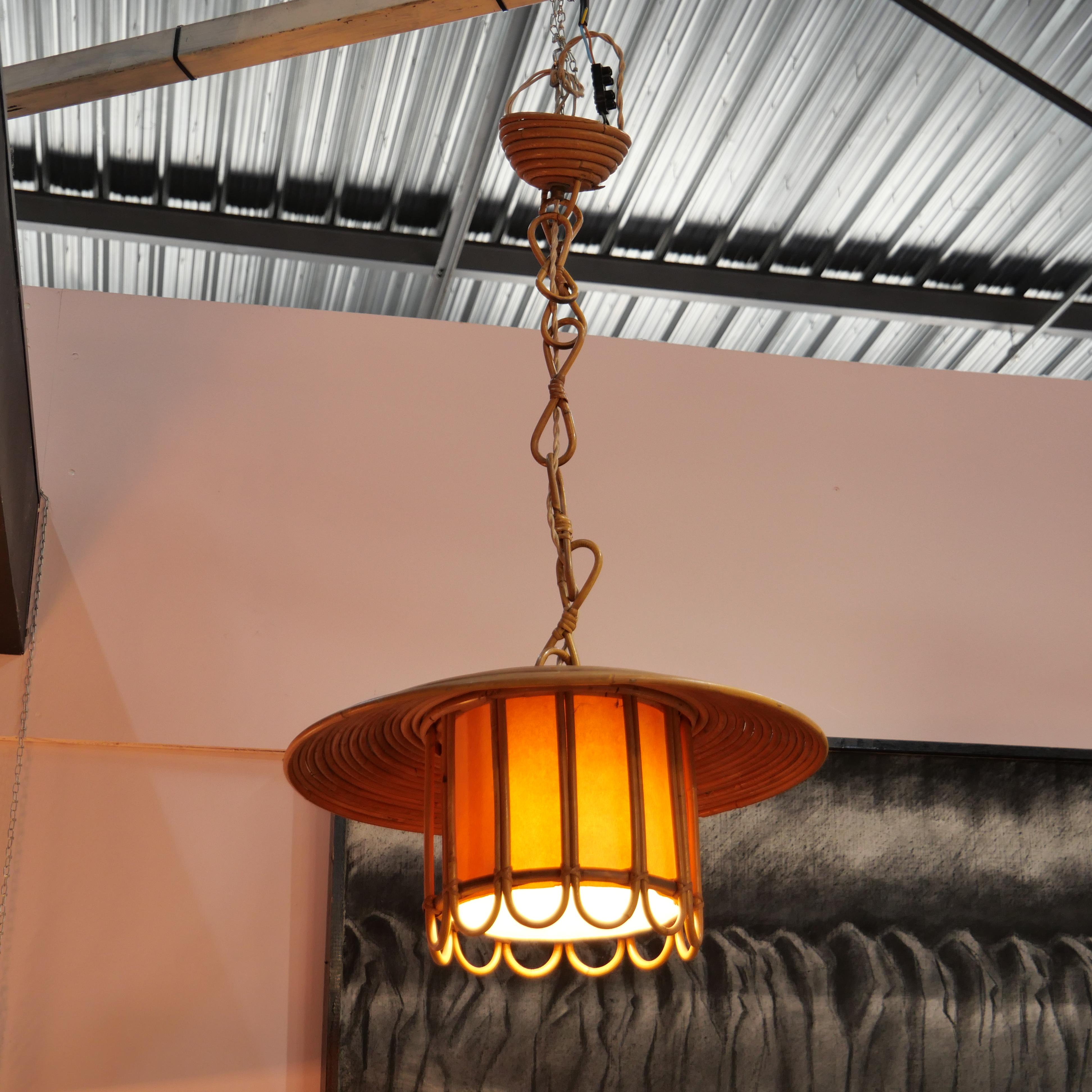 Mid-Century Pencil Reed Rattan Bamboo pendant light. Italy 1970's For Sale 1