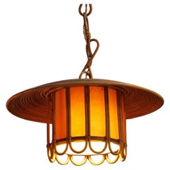 Mid-Century Pencil Reed Rattan Bamboo pendant light. Italy 1970's