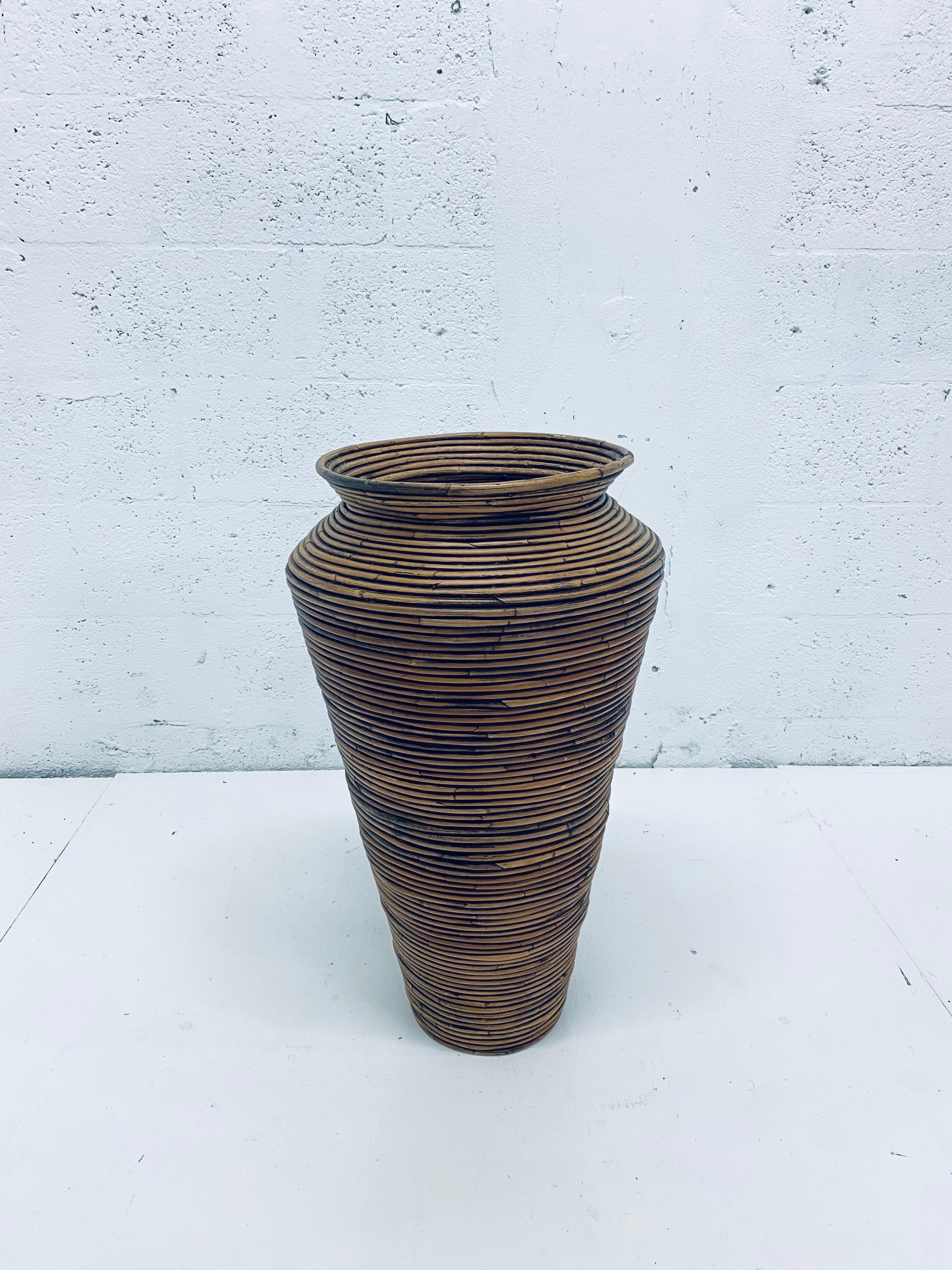 Midcentury Pencil Reed Rattan Floor Vase For Sale 2