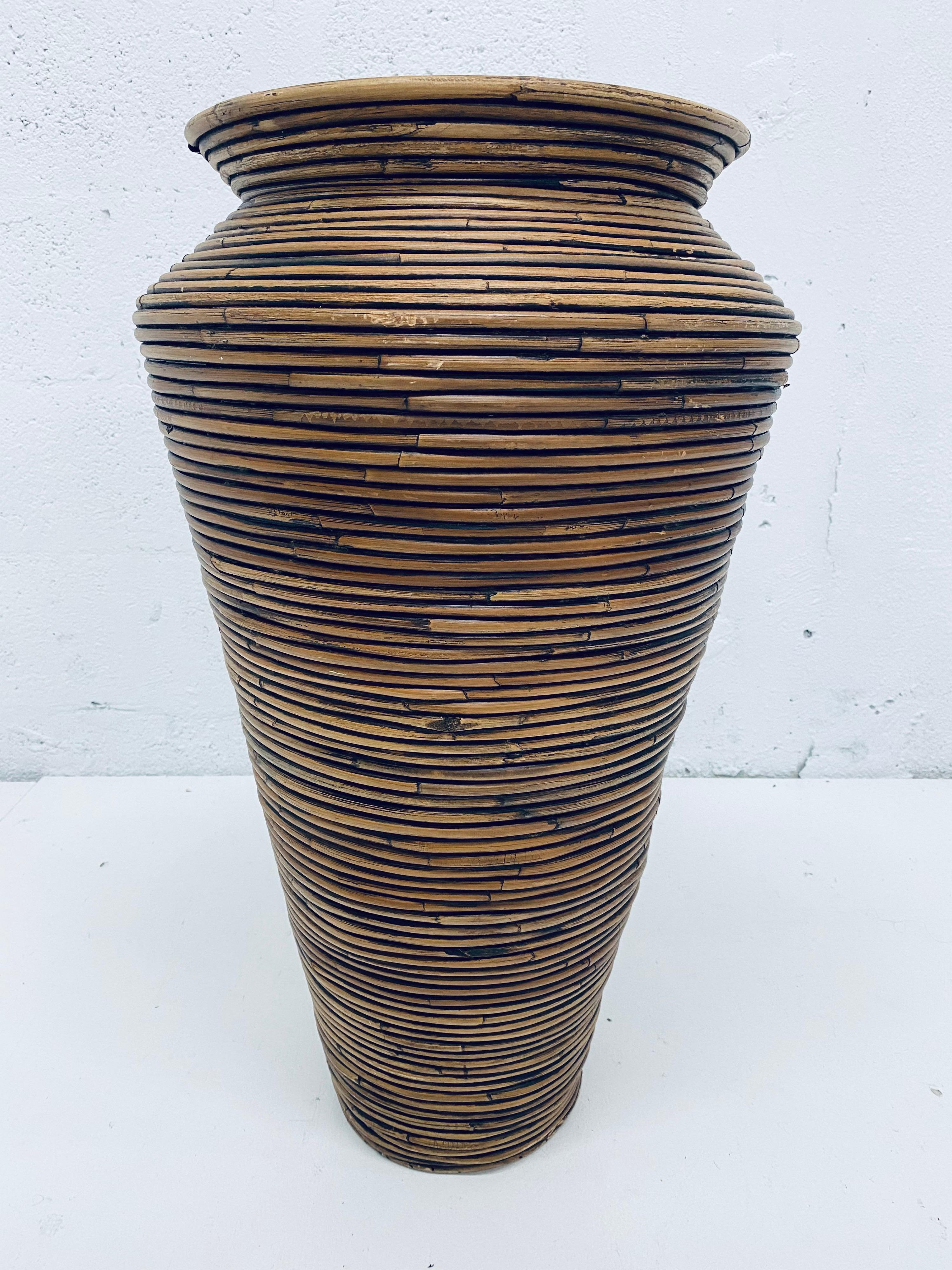 Mid-Century Modern Midcentury Pencil Reed Rattan Floor Vase For Sale