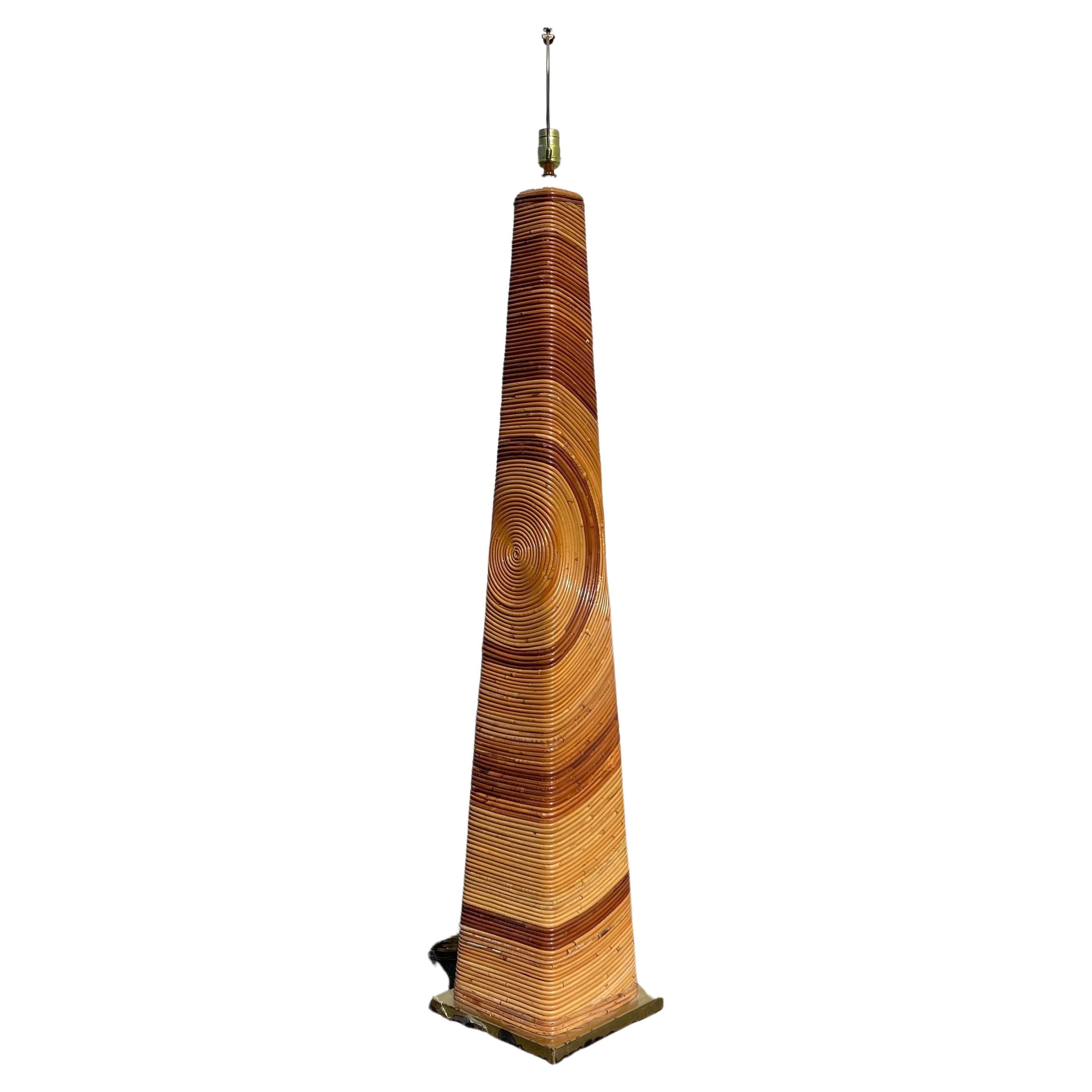 Mid-Century Pencil Reed Rattan Obelisk Floor Lamp For Sale