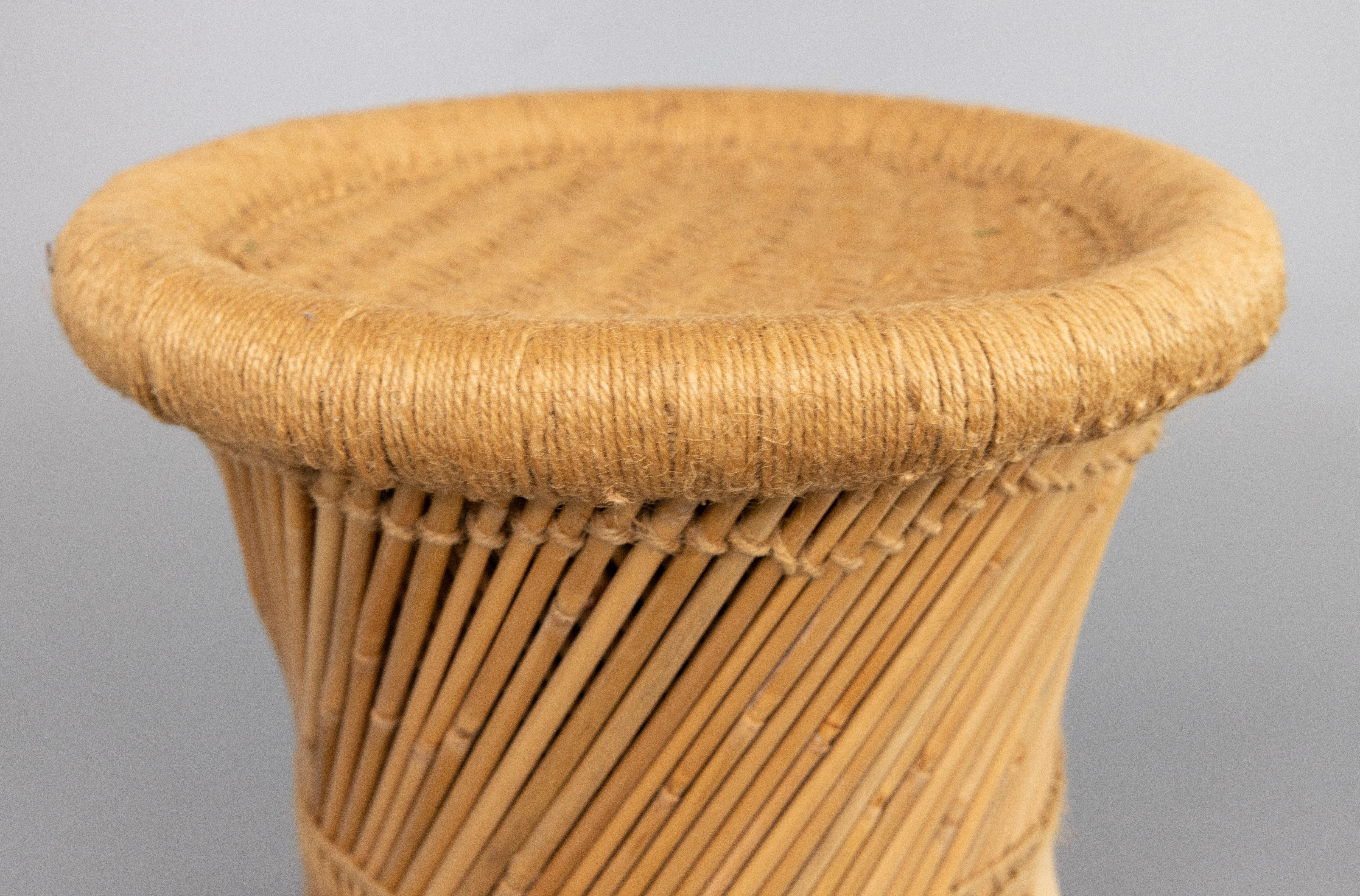 A stylish vintage Mid-Century pencil reed rattan & rope stool or side table with a woven jute rope top. A fabulous piece that could be used as a stool or side table, perfect for a book or used as a small drinks table with a tray on