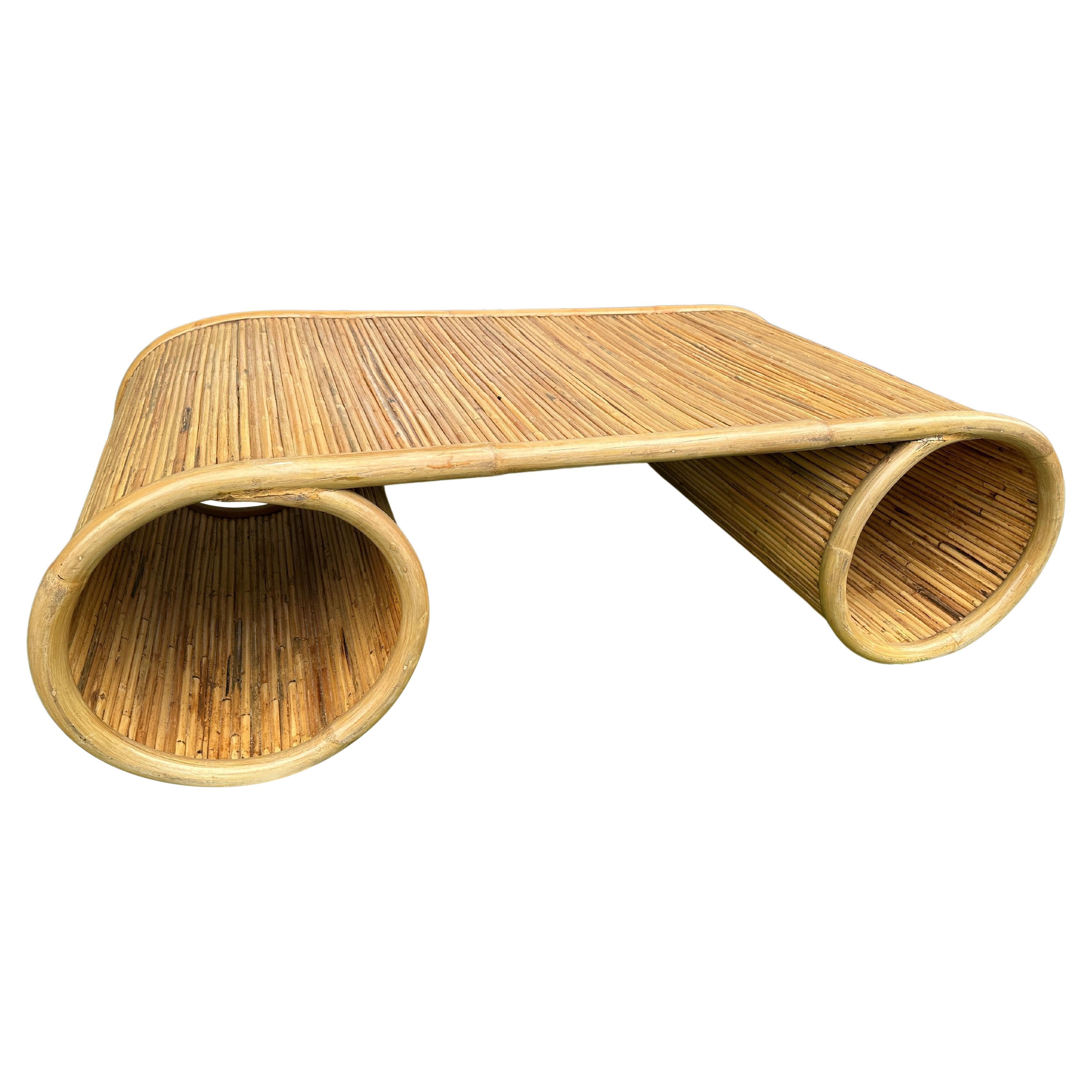 Mid Century Pencil Reeded Bamboo Scroll Coffee Cocktail Table