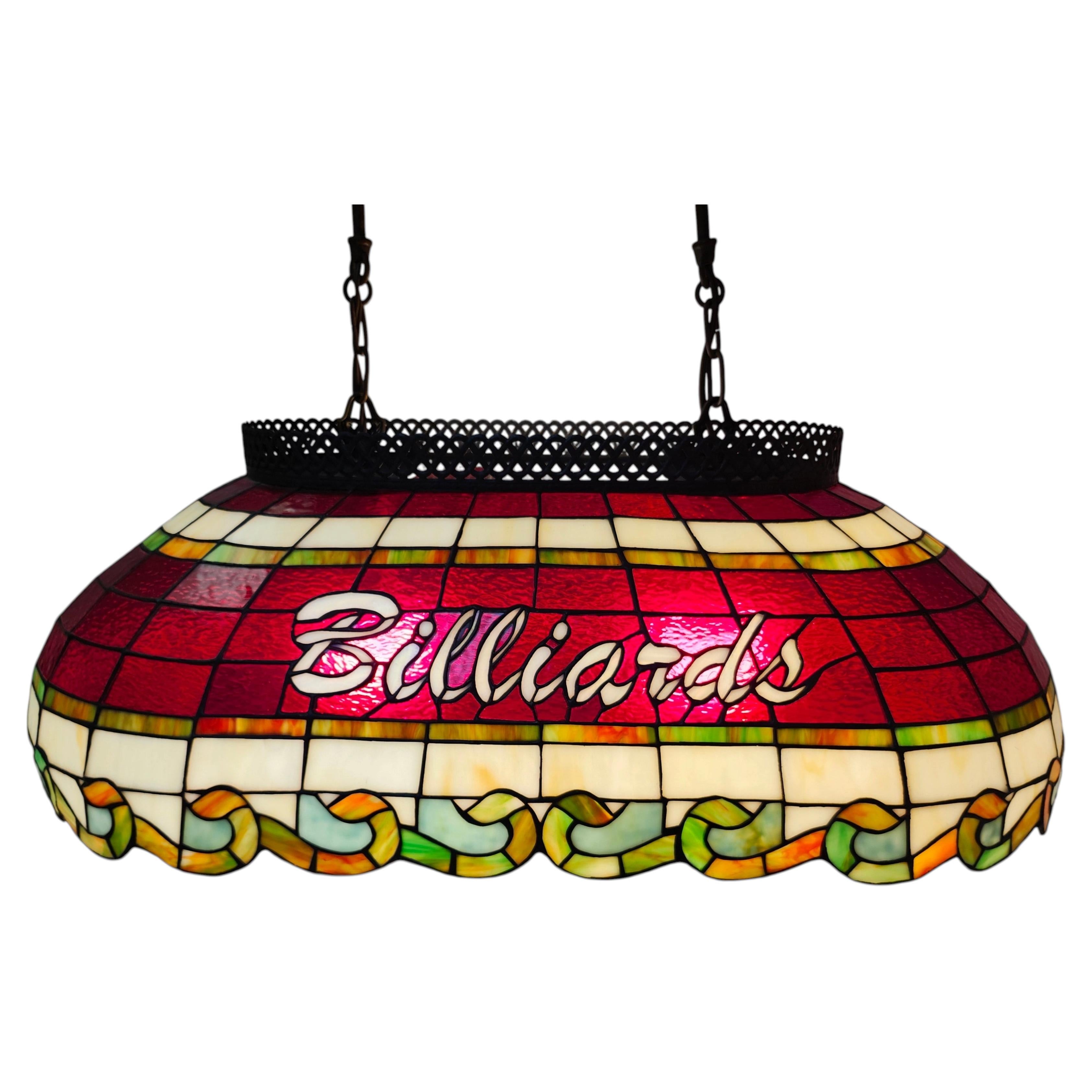 Mid-Century Pendant Chandelier Billiards Pool Table Stained Glass Lamp Quoziel For Sale