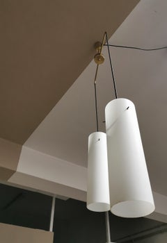 Midcentury Chandelier Pendant Light White Opal Glass Brass Italian Design 1960s
