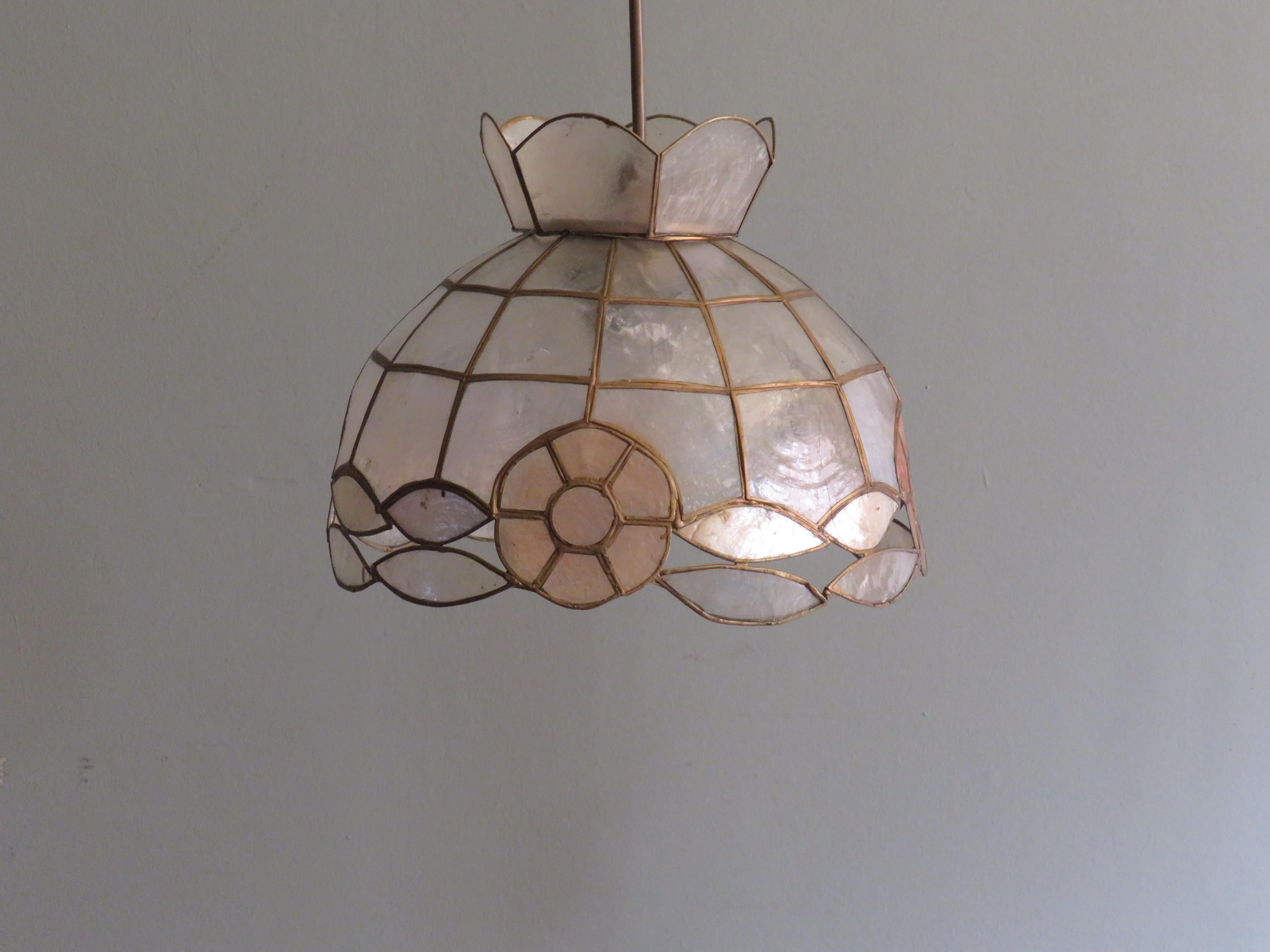 Bohemian Mid Century Pendant in Brass and Mother of Pearl, Seashell or Capiz 'Cadiz' For Sale