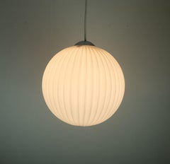 Vintage mid century PENDANT LAMP 1960s white opaline glass shade with pleated surface