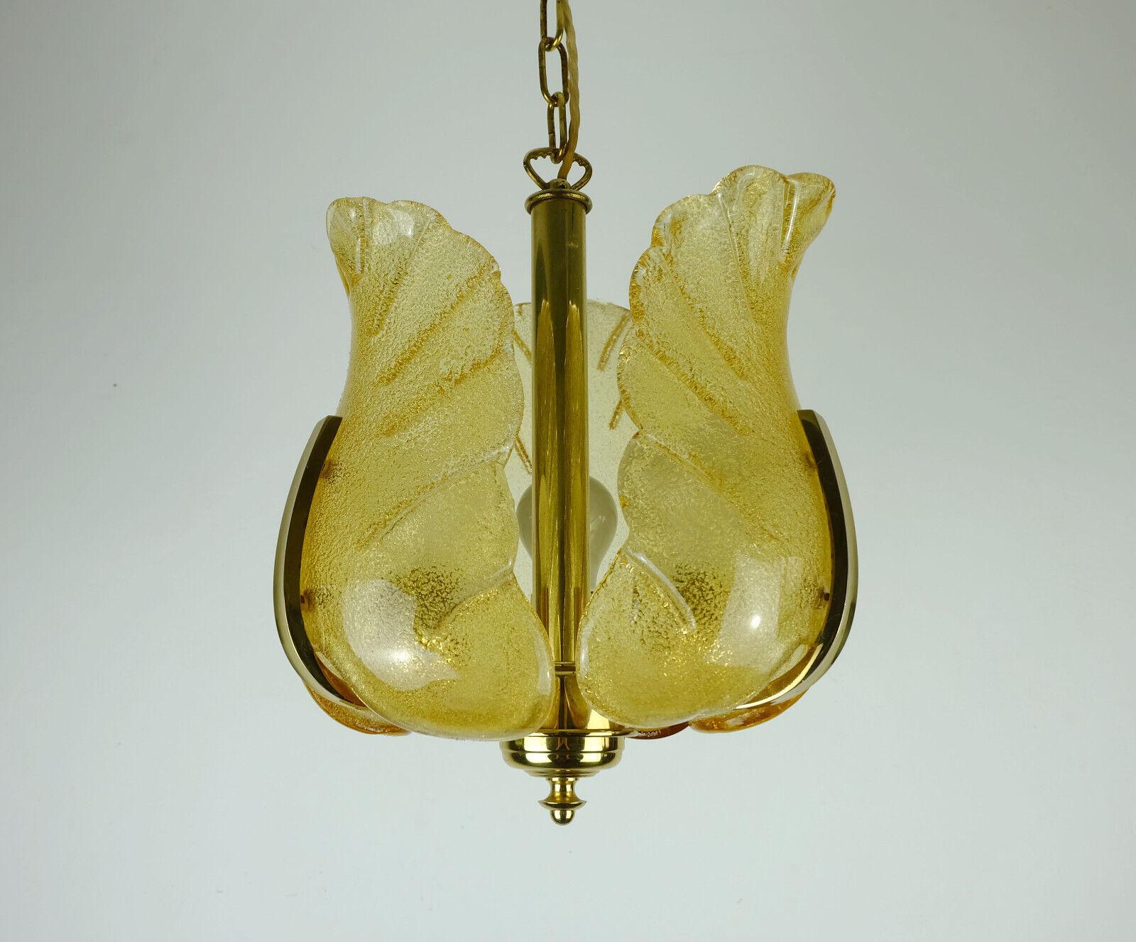 Midcentury Pendant Lamp Brass Amber Glass 1960s Small Chandelier For Sale 4