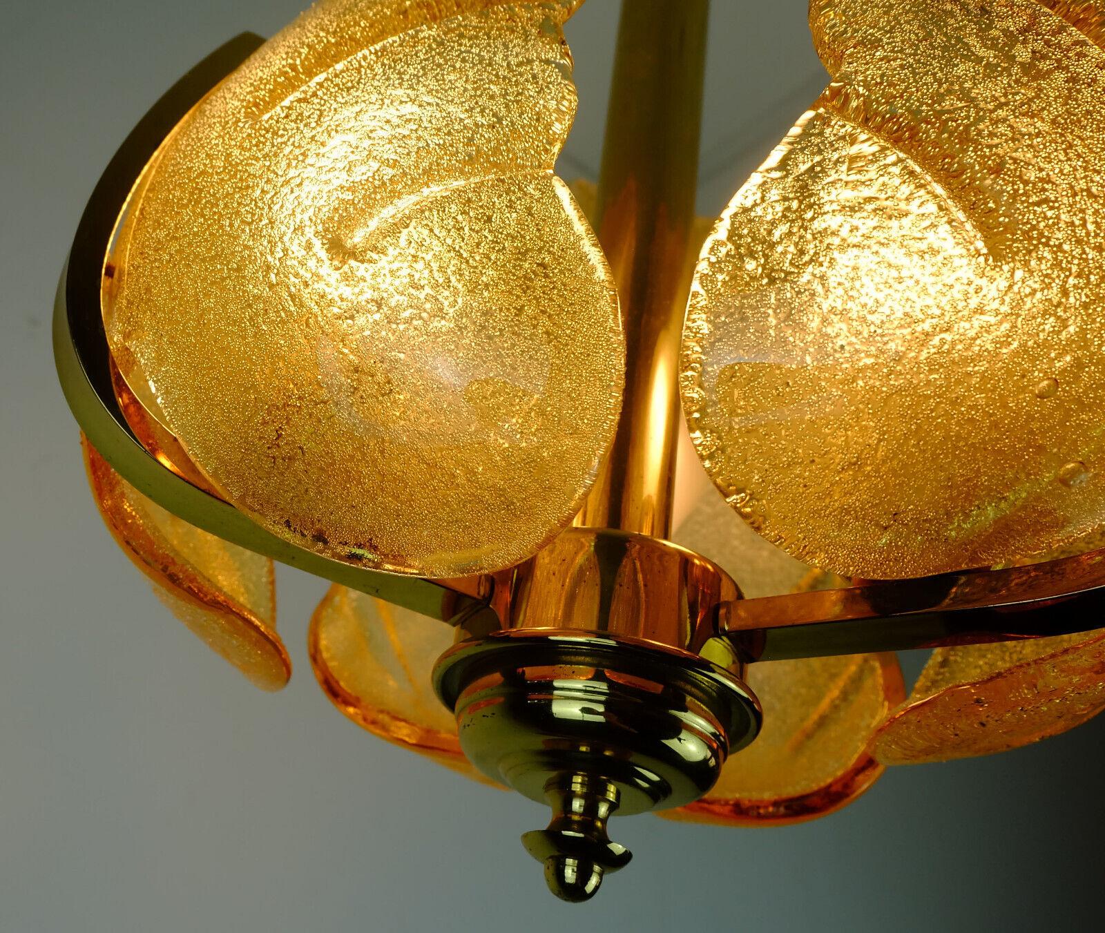Mid-Century Modern Midcentury Pendant Lamp Brass Amber Glass 1960s Small Chandelier For Sale