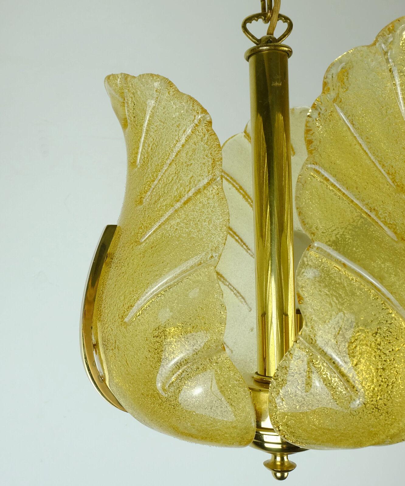 European Midcentury Pendant Lamp Brass Amber Glass 1960s Small Chandelier For Sale