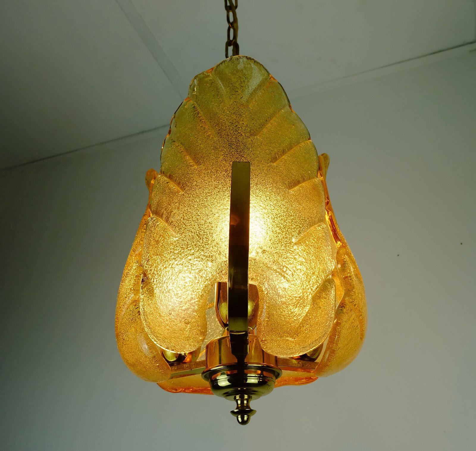 Mid-20th Century Midcentury Pendant Lamp Brass Amber Glass 1960s Small Chandelier For Sale