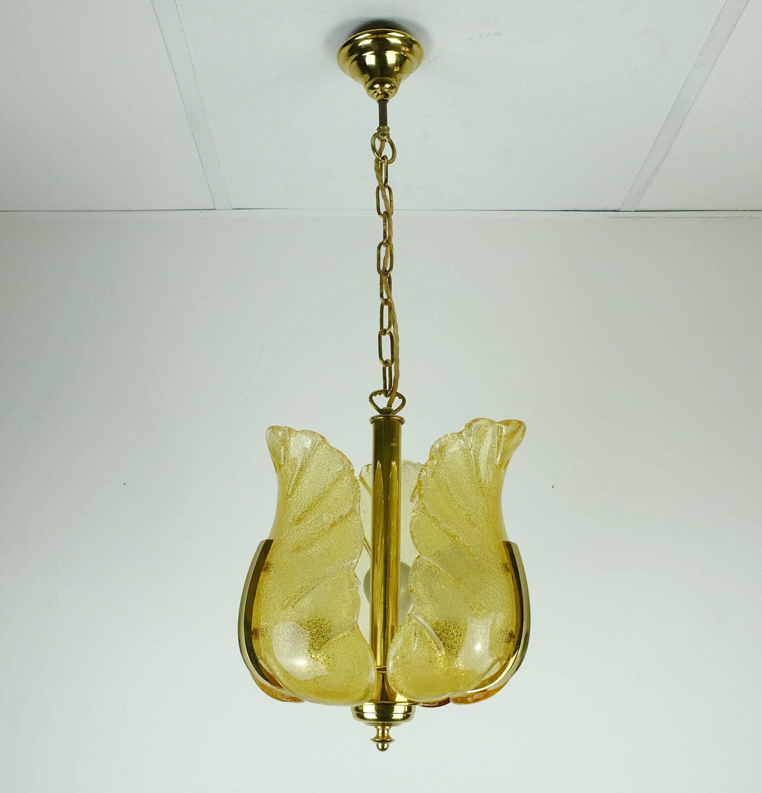 Midcentury Pendant Lamp Brass Amber Glass 1960s Small Chandelier For Sale 1