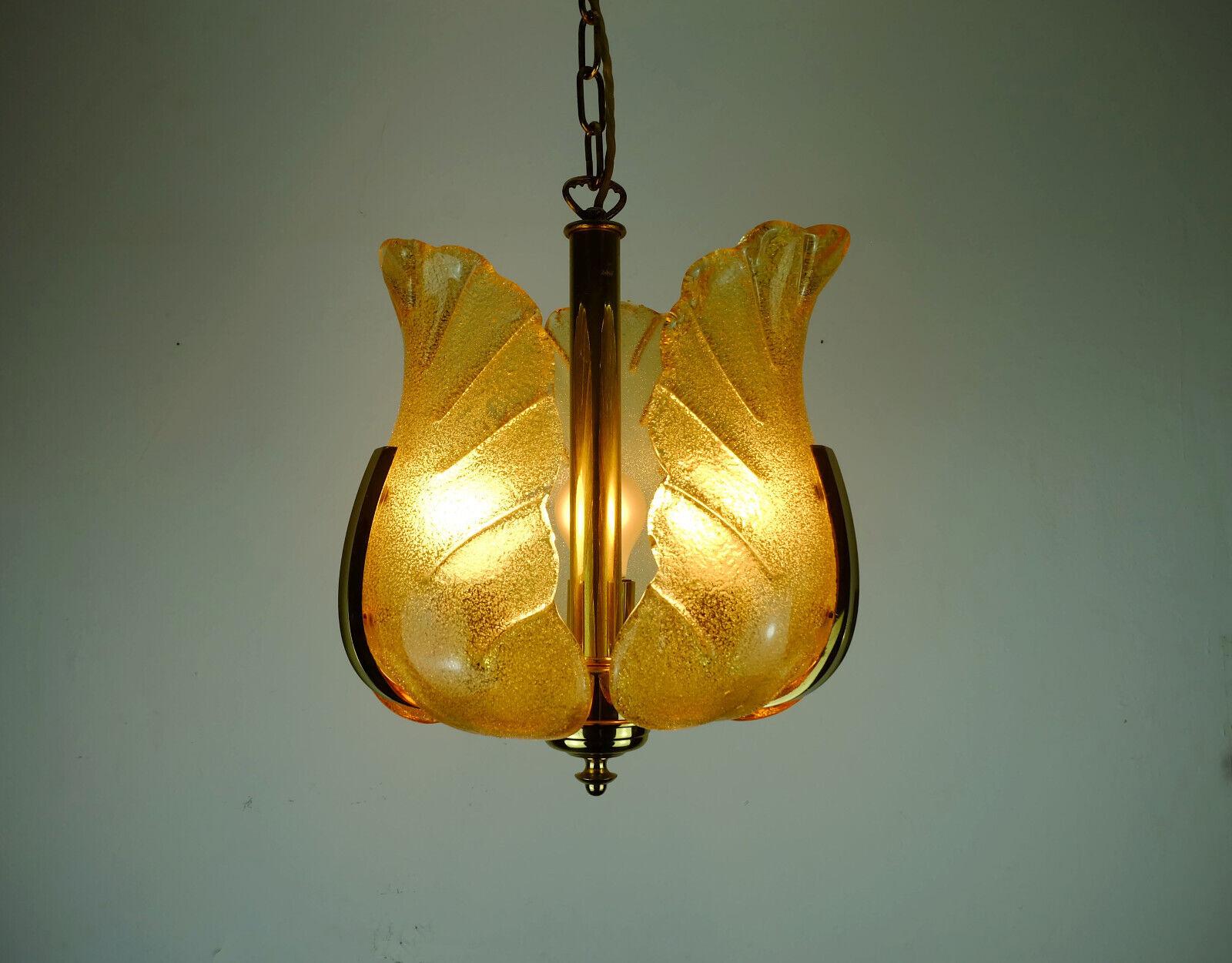 Midcentury Pendant Lamp Brass Amber Glass 1960s Small Chandelier For Sale 3