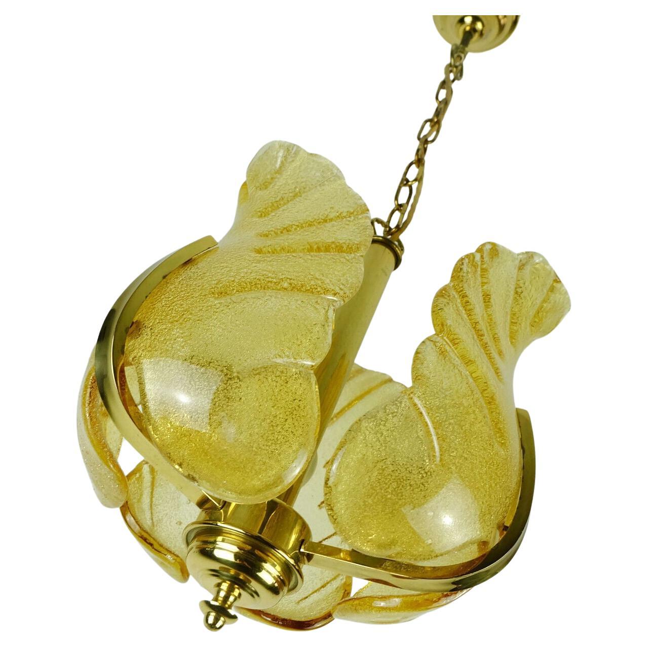 Midcentury Pendant Lamp Brass Amber Glass 1960s Small Chandelier