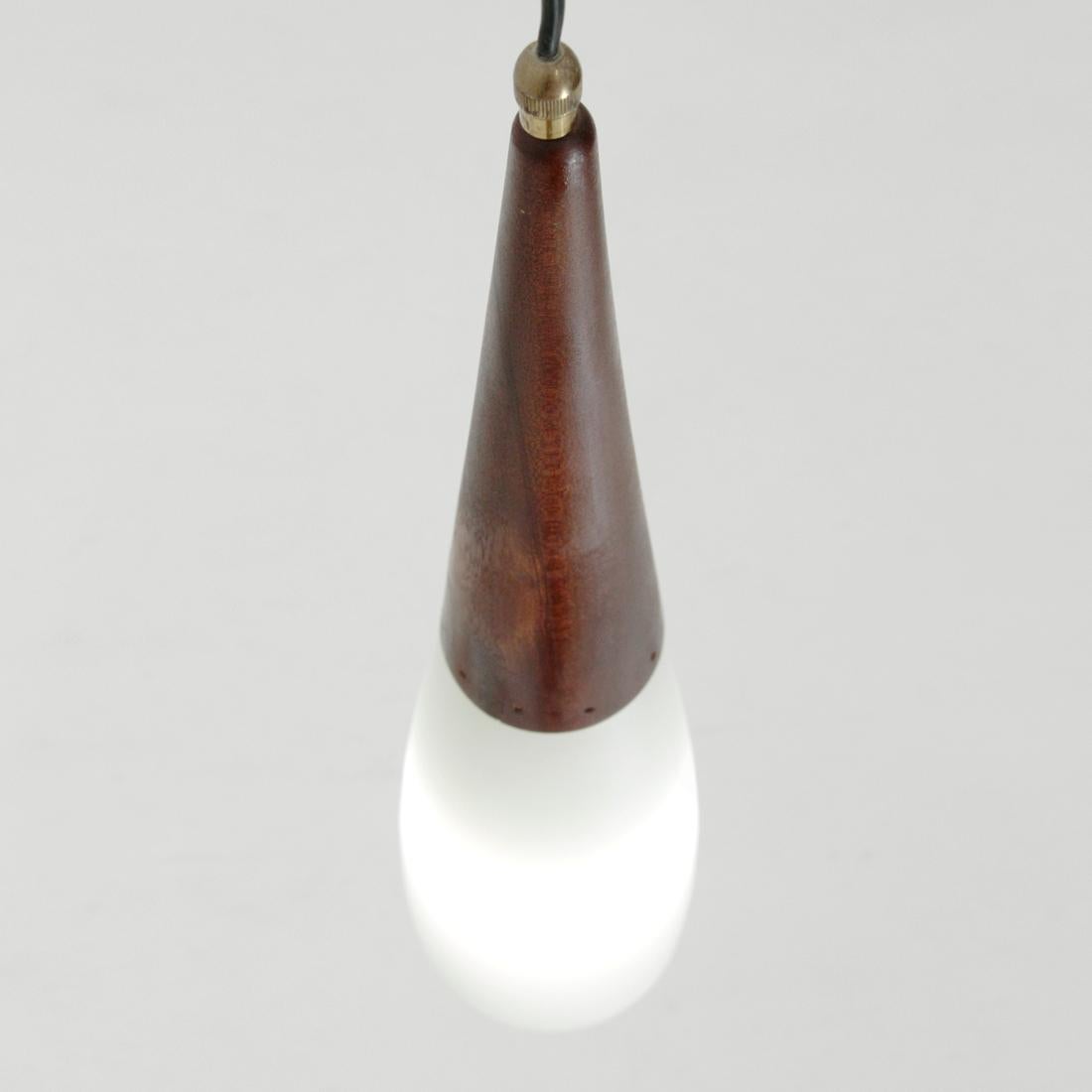 Mid-Century Modern Midcentury Pendant Lamp in Teak and Opaline Glass, 1960s For Sale