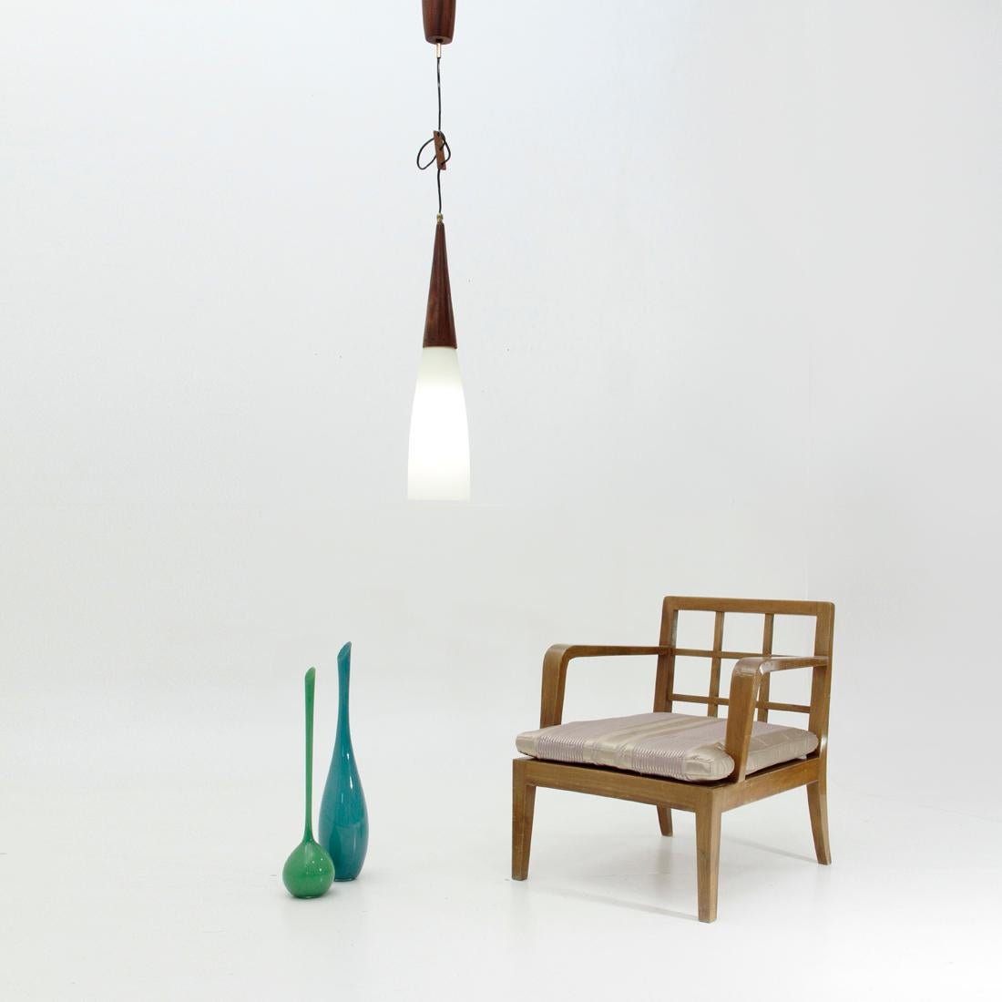Midcentury Pendant Lamp in Teak and Opaline Glass, 1960s For Sale 3