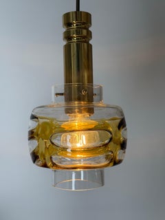 Mid-Century Pendant Lamp made of Murano Glass with Gold Yellow Waves and Brass