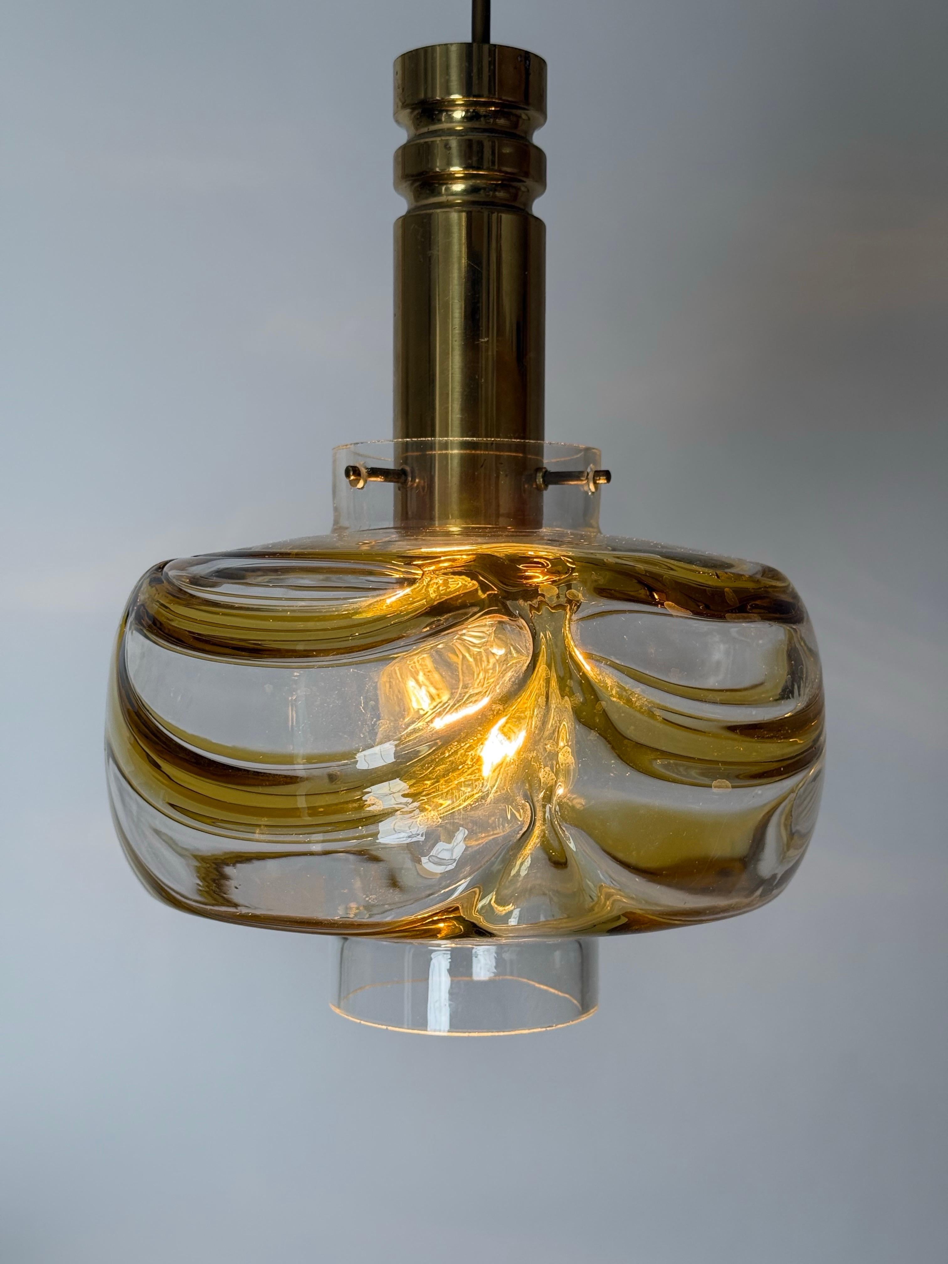 Mid-Century Modern Mid-Century Pendant Lamp made of Murano Glass with Gold Yellow Waves and Brass For Sale
