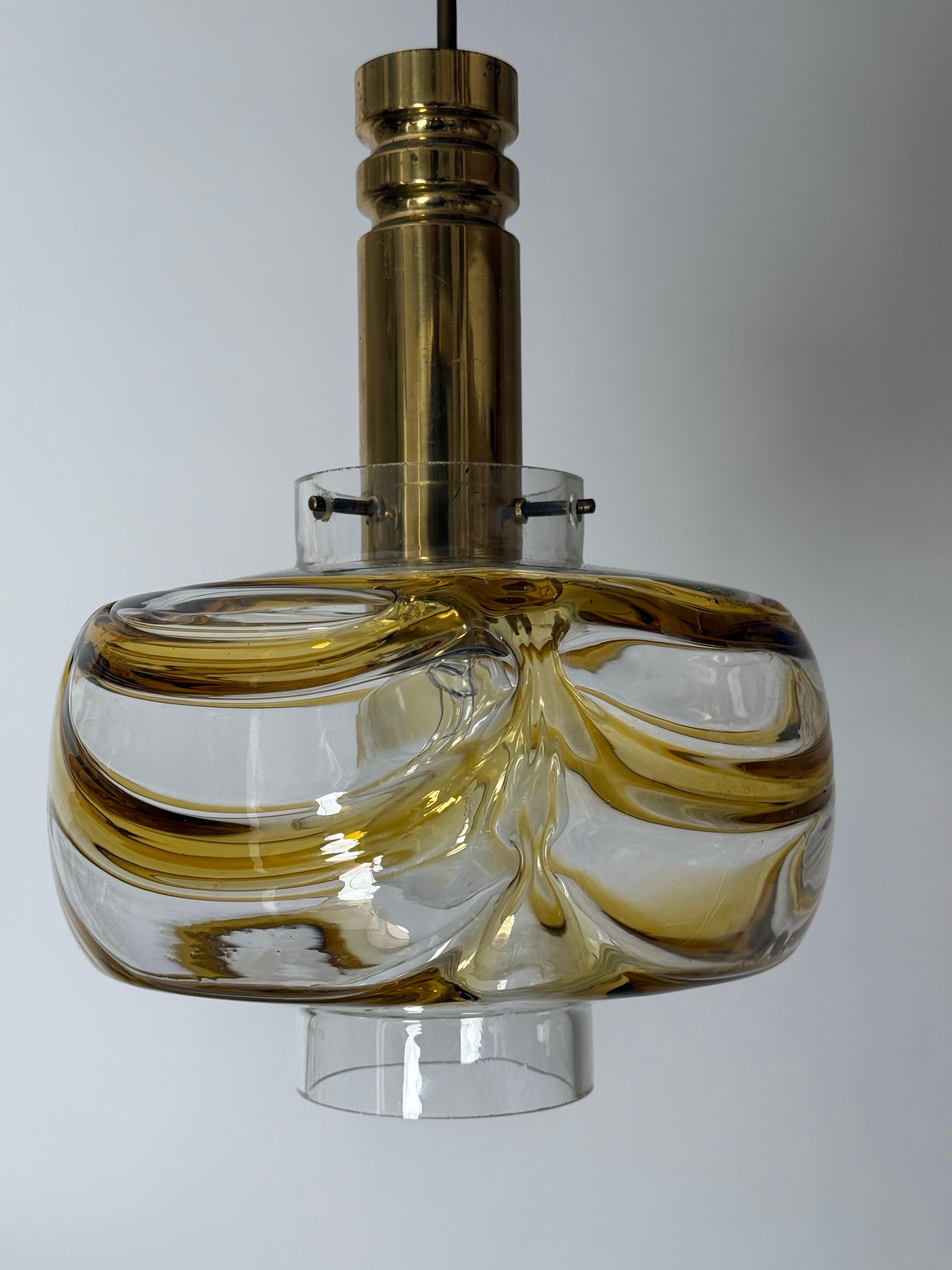 German Mid-Century Pendant Lamp made of Murano Glass with Gold Yellow Waves and Brass For Sale