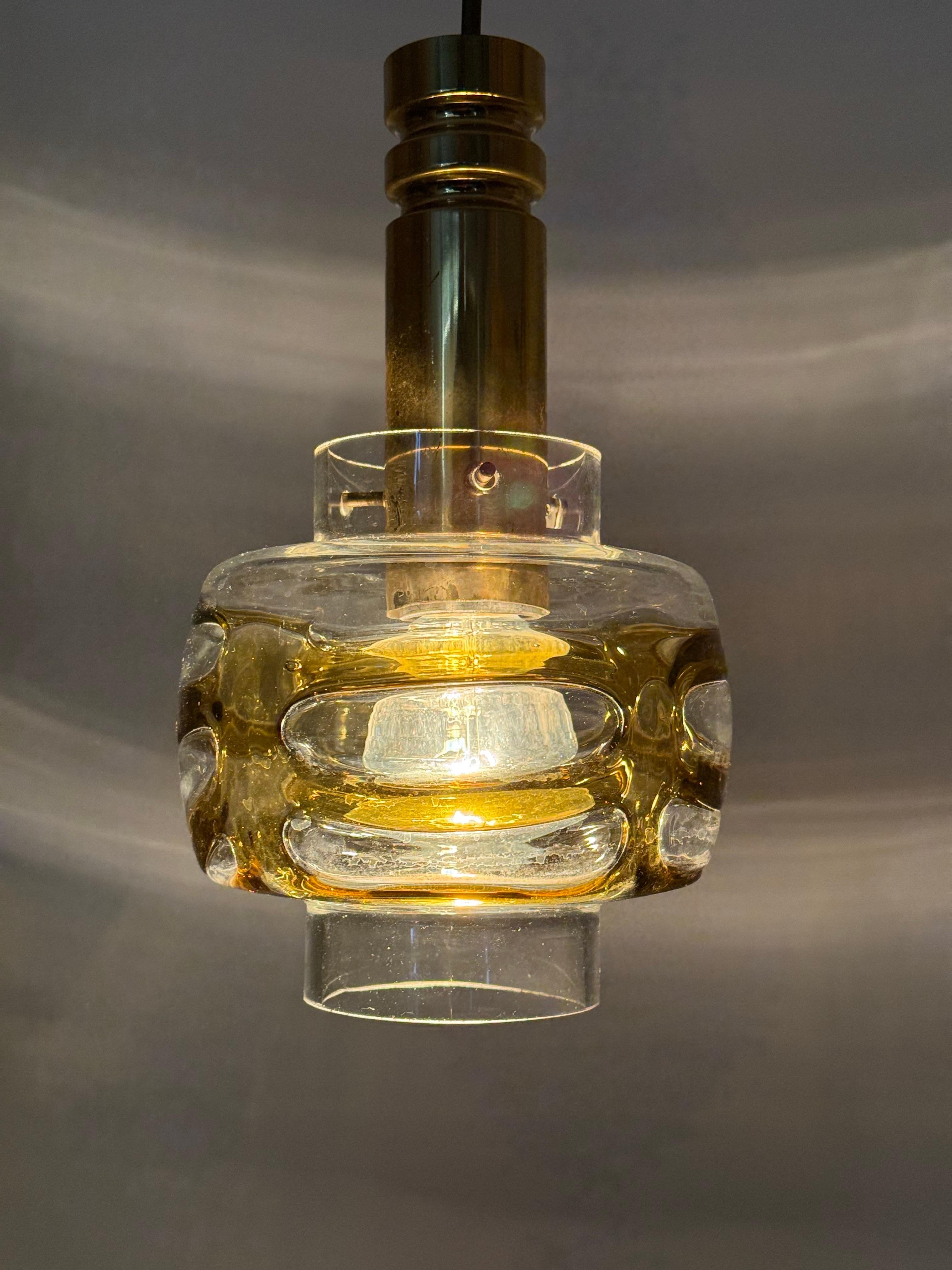 German Mid-Century Pendant Lamp made of Murano Glass with Gold Yellow Waves and Brass For Sale