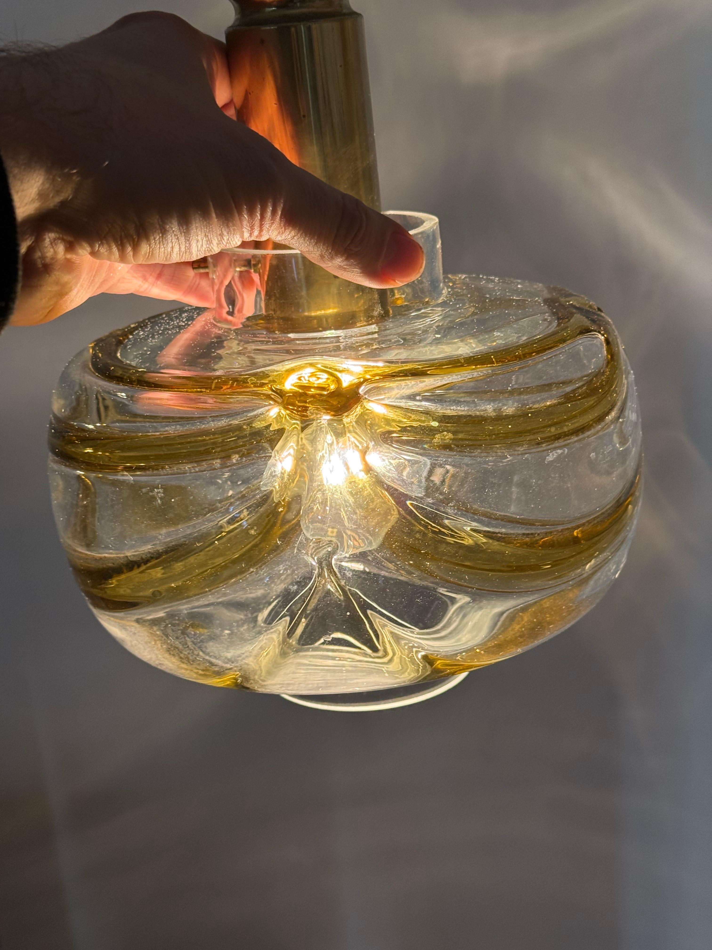 Machine-Made Mid-Century Pendant Lamp made of Murano Glass with Gold Yellow Waves and Brass For Sale