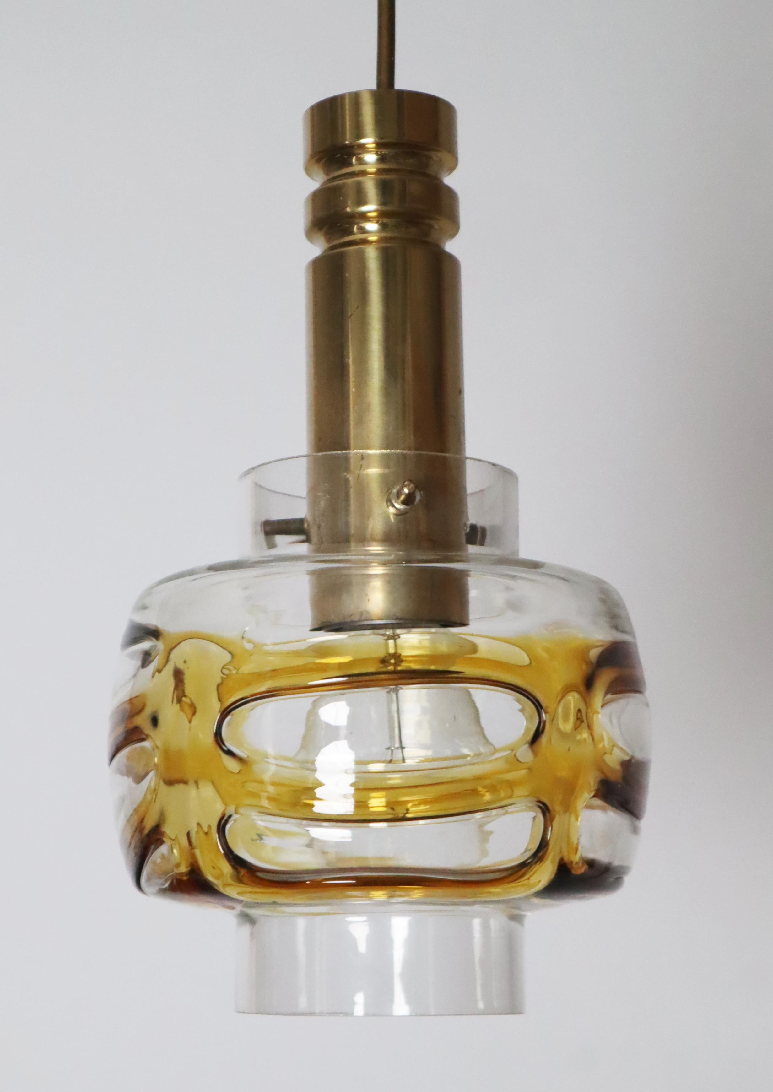 Late 20th Century Mid-Century Pendant Lamp made of Murano Glass with Gold Yellow Waves and Brass For Sale