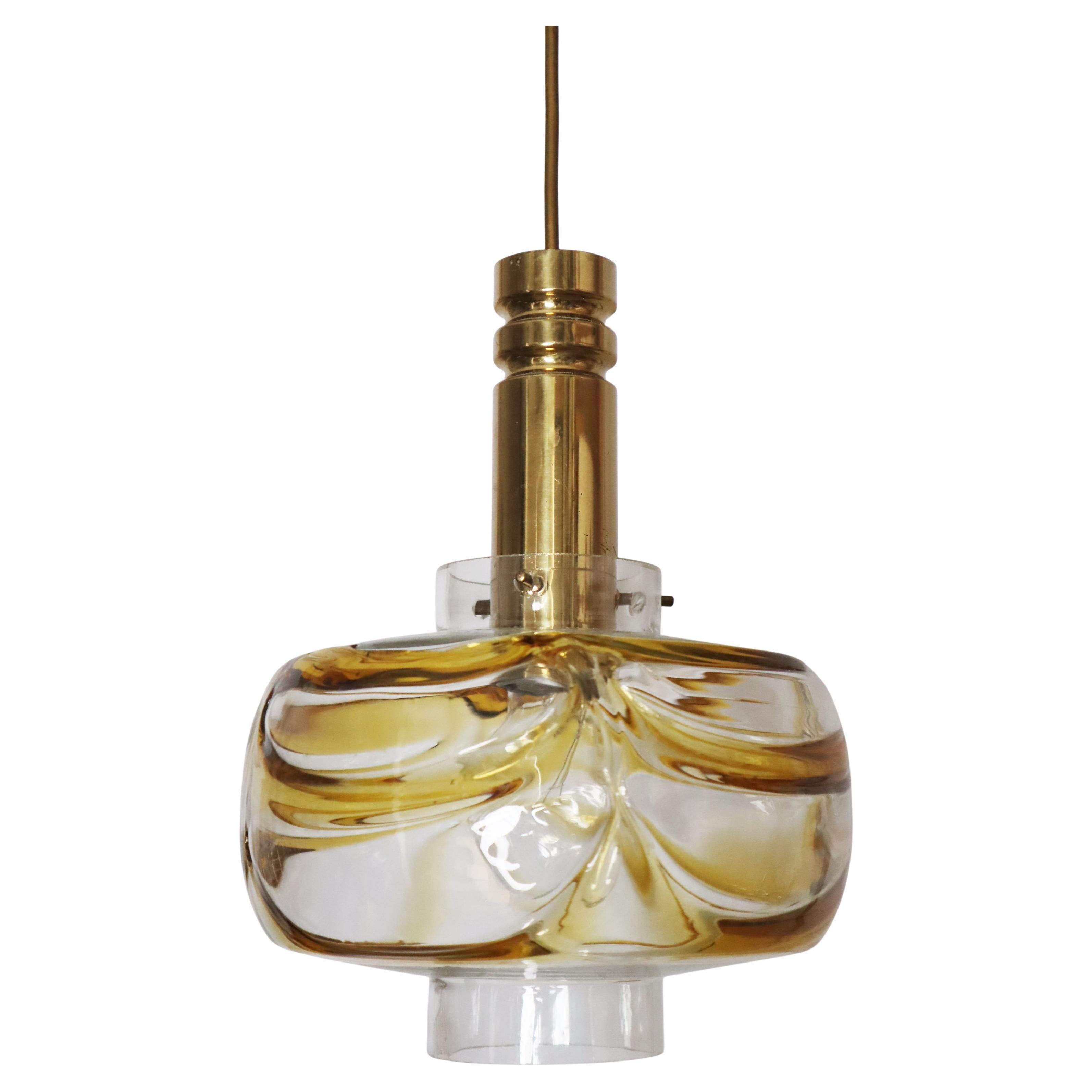 Mid-Century Pendant Lamp made of Murano Glass with Gold Yellow Waves and Brass For Sale