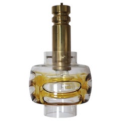 Mid-Century Pendelleuchte aus Murano-Glas mit goldgelben Wellen und Messing