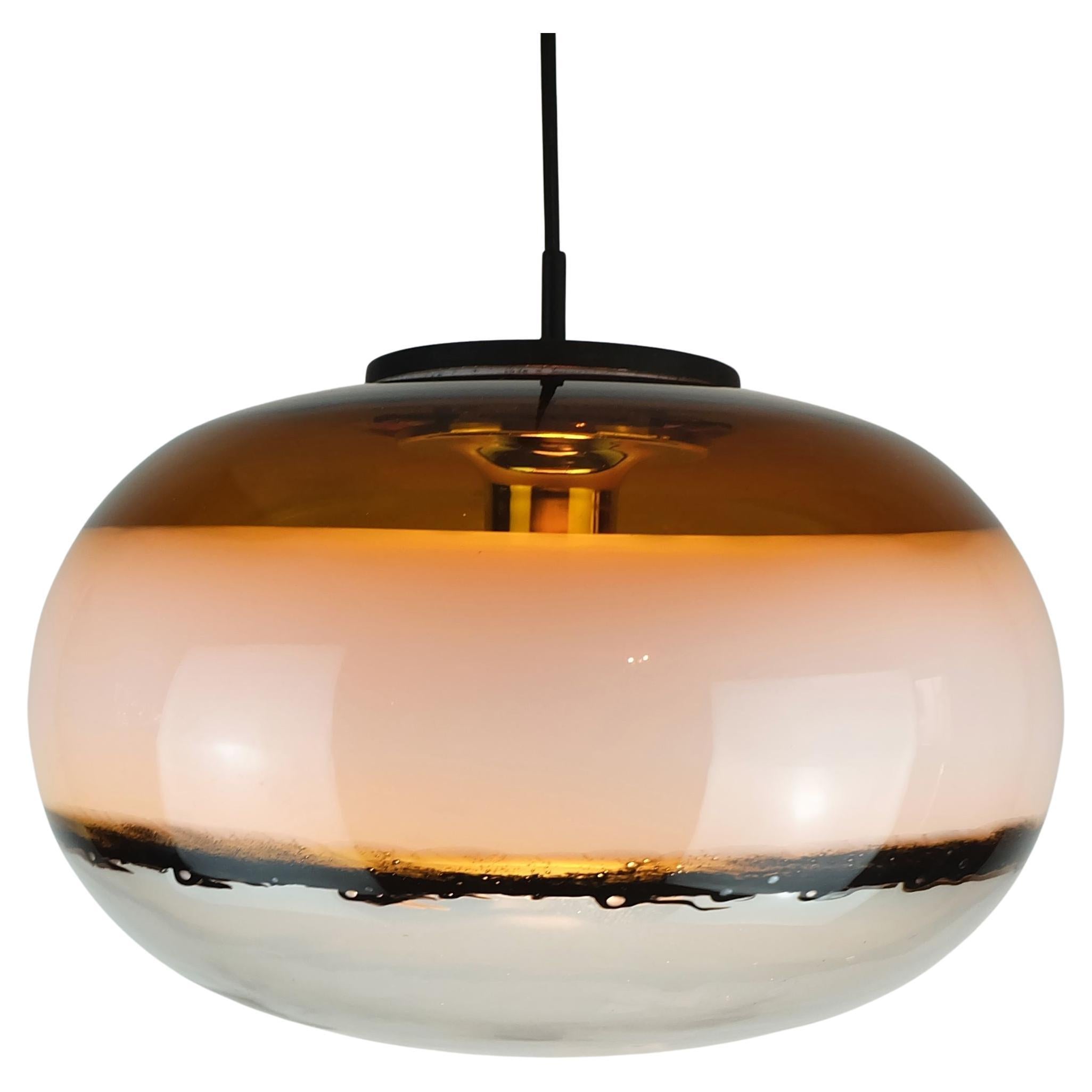 mid century PENDANT LAMP peill 
putzler 1970s amber white black + clear glass