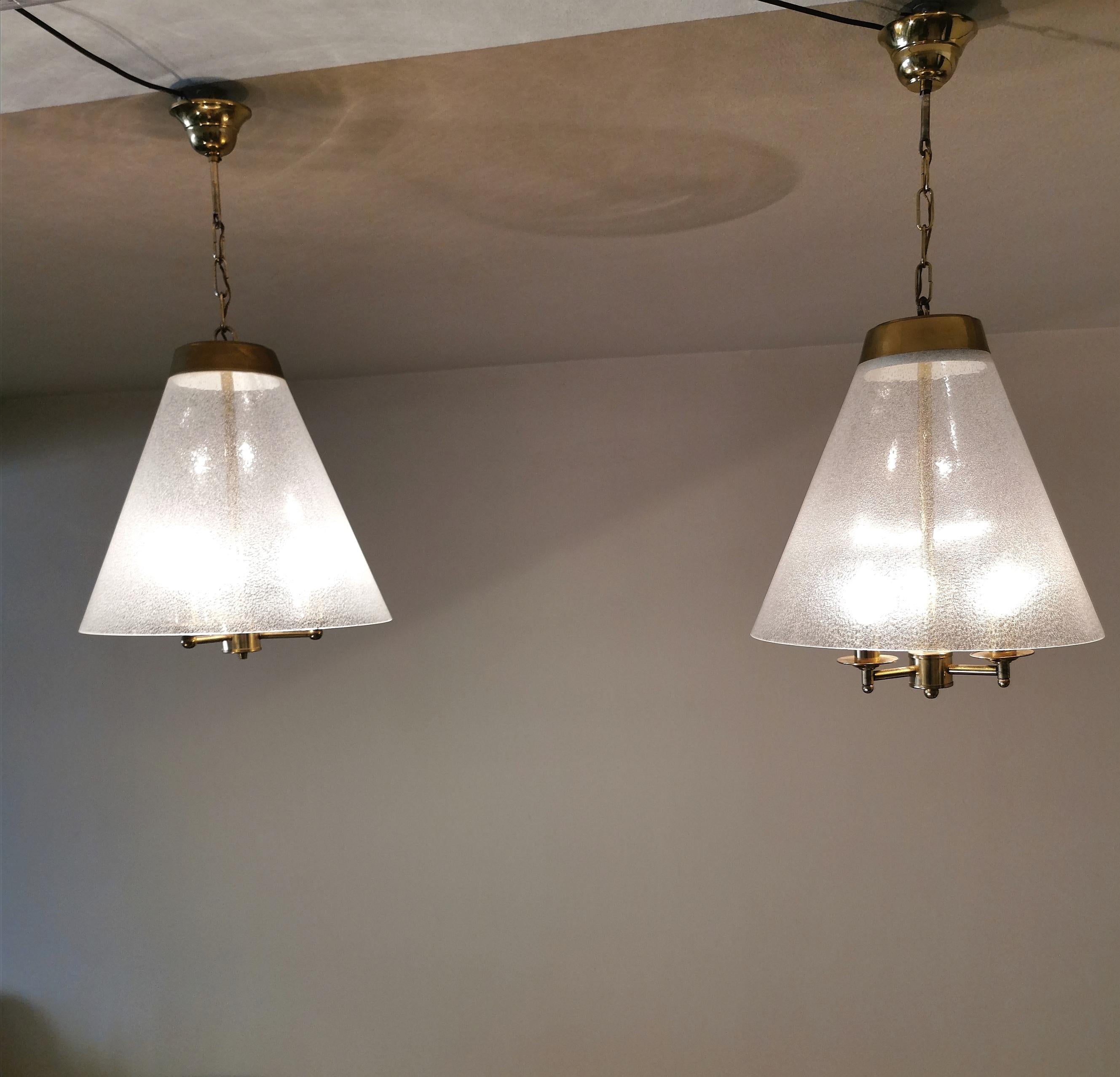 Italian Mid Century Chandeliers Bubble Glass Brass in the Style of Venini Italy 1950s