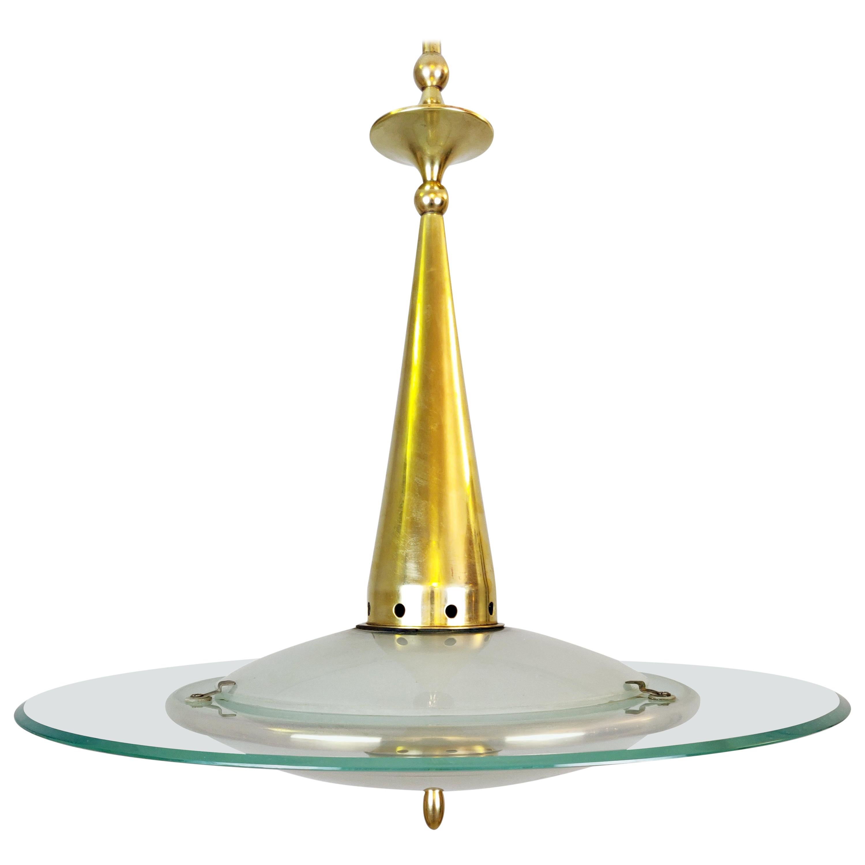 Midcentury Pendant Light in Glass and Brass