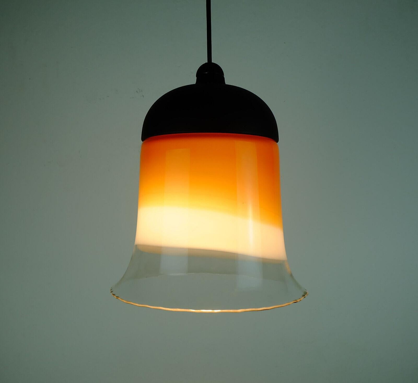 Midcentury Pendant Light Peill & Putzler 1970s Amber White 6 Clear Glass Shade For Sale 1