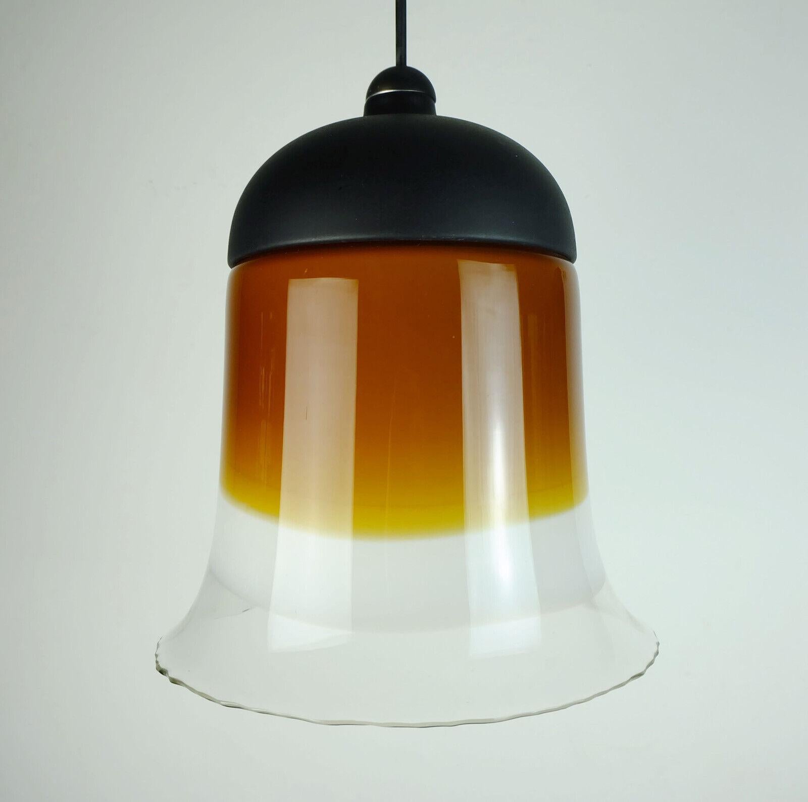 Midcentury Pendant Light Peill & Putzler 1970s Amber White 6 Clear Glass Shade For Sale 3