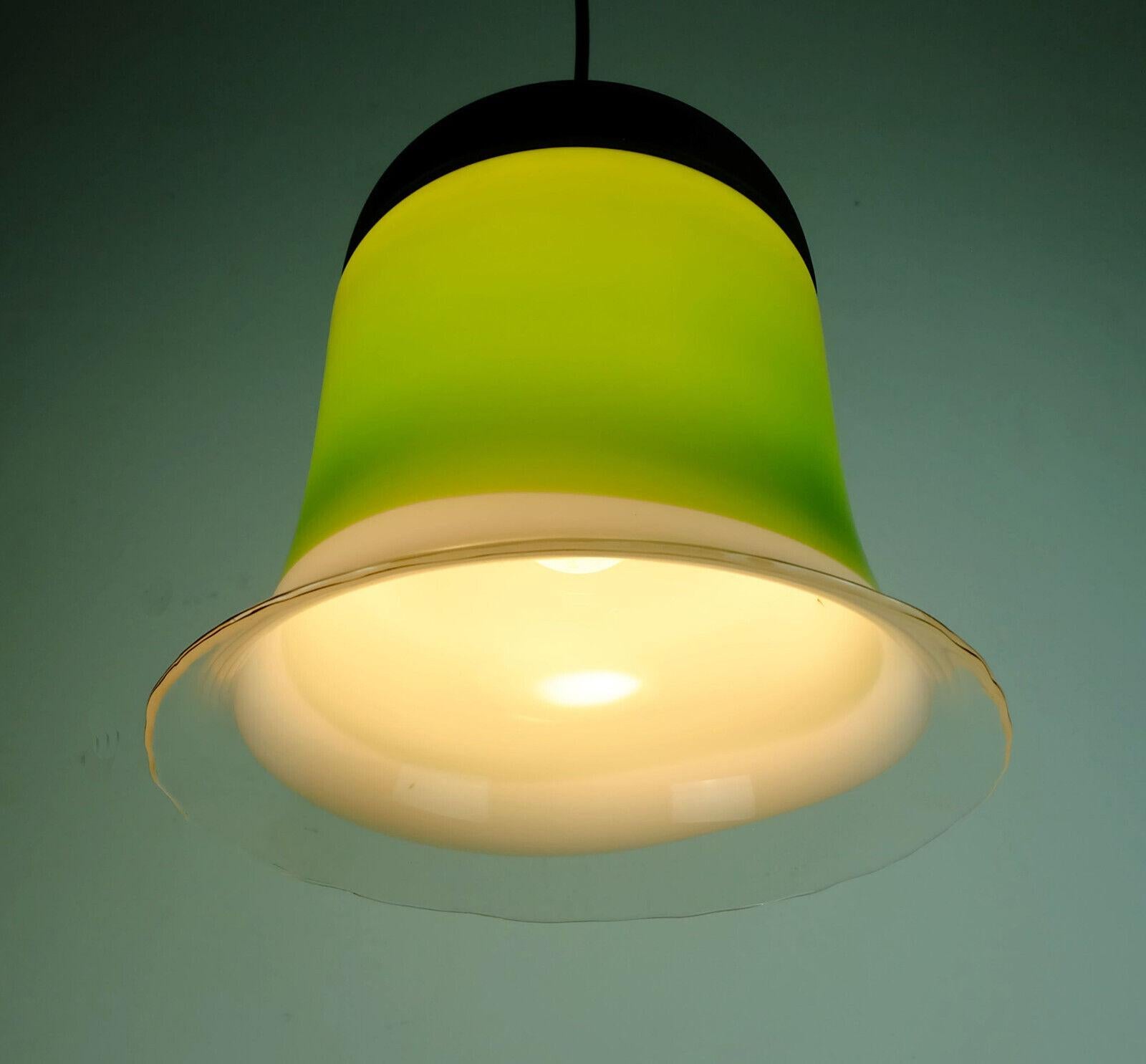 Midcentury Pendant Light Peill & Putzler 1970s Green White a Clear Glass Shade For Sale 1