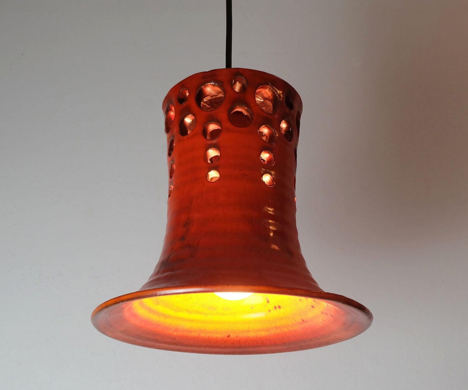 mid century PENDANT LIGHT with orange ceramic shade 1970s For Sale 4