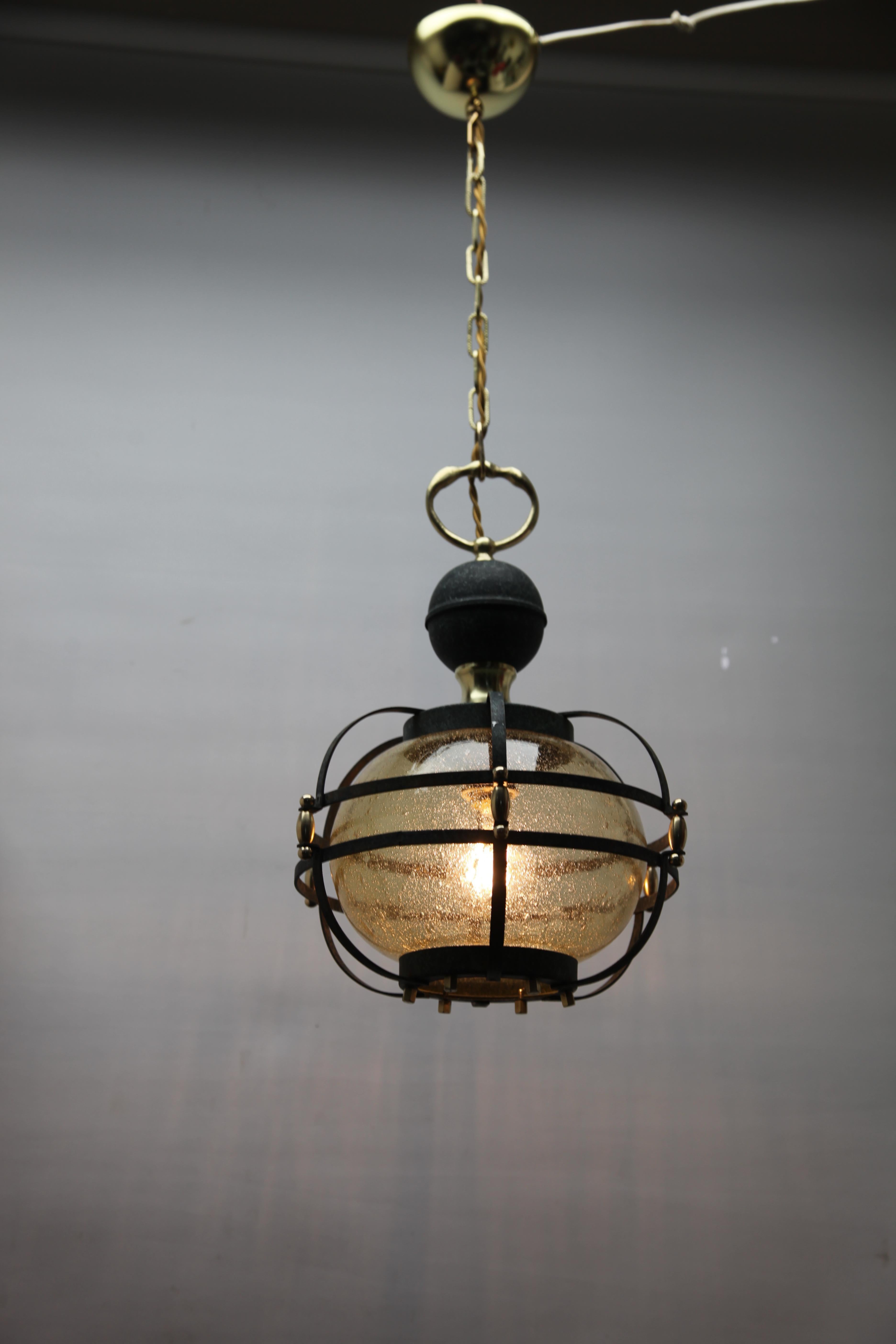 Mid-Century Pendant Lobby Light Forget Metal and Glass Lampshade For Sale 2