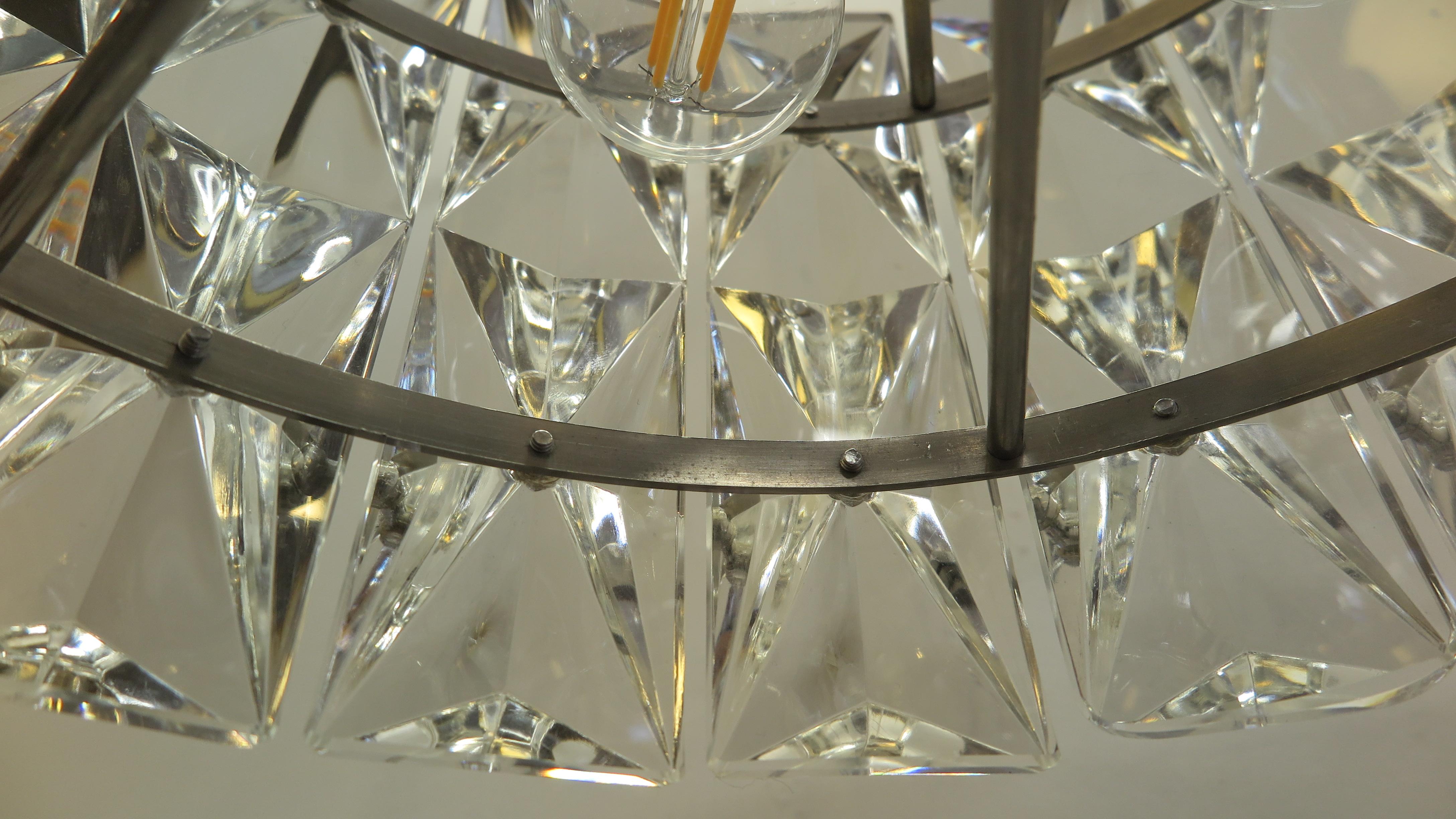 Stainless Steel Midcentury Pendant Prism Faceted Crystal Kinkeldey For Sale