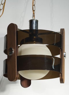 Mid Century Pendant Swag Lamp, Wood & Smoke Colored Tiered Rings, White Glass
