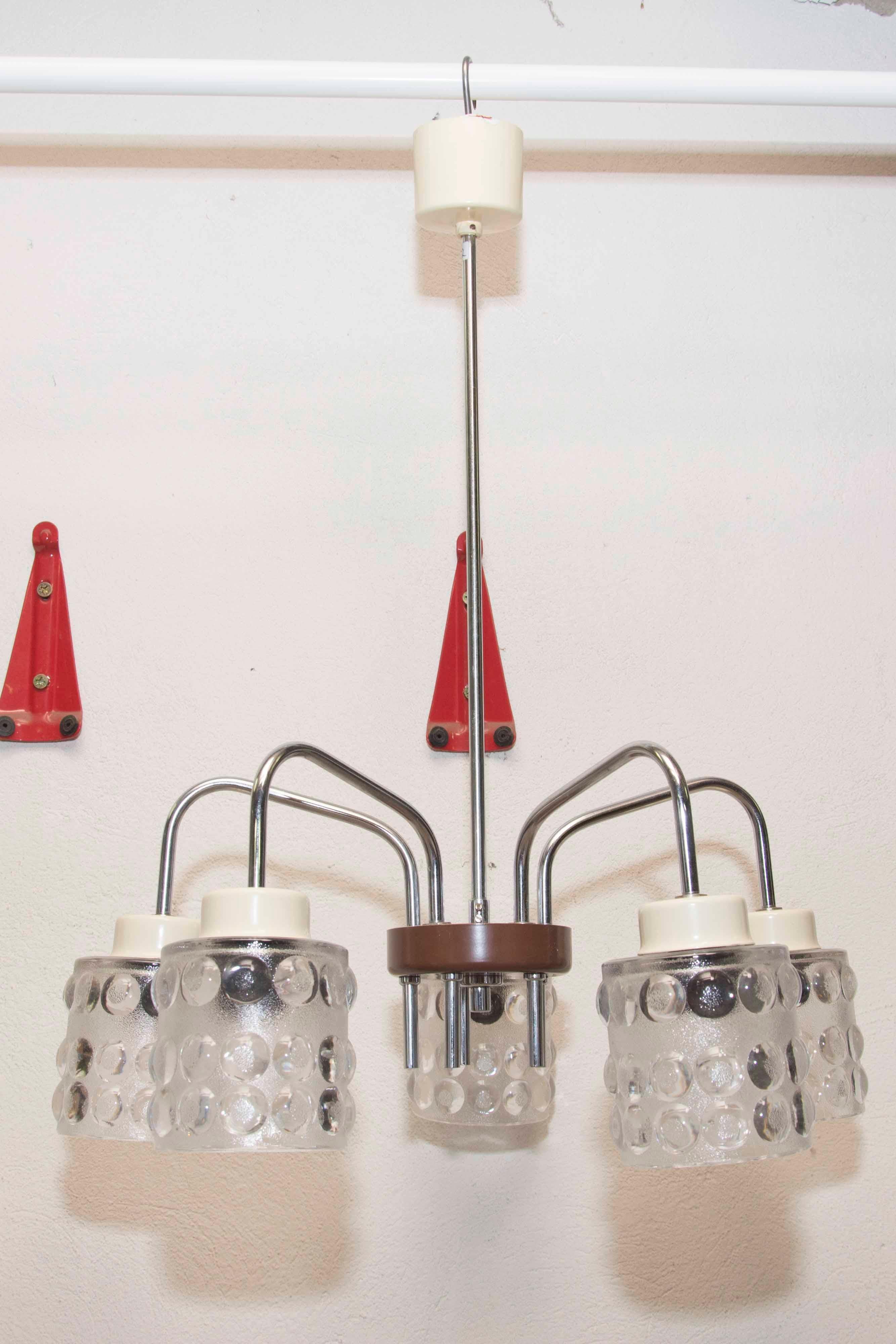 Mid-Century Modern Midcentury Pendant with Five Cut-Glass Lampshades, Lidokov, 1960s For Sale