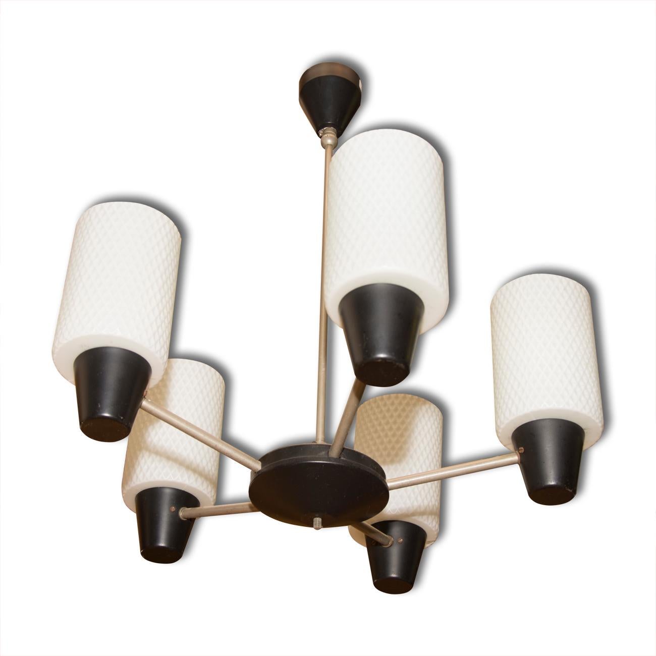 20th Century Mid Century Pendant with Five Pipe Glass Lampshades, 1960's