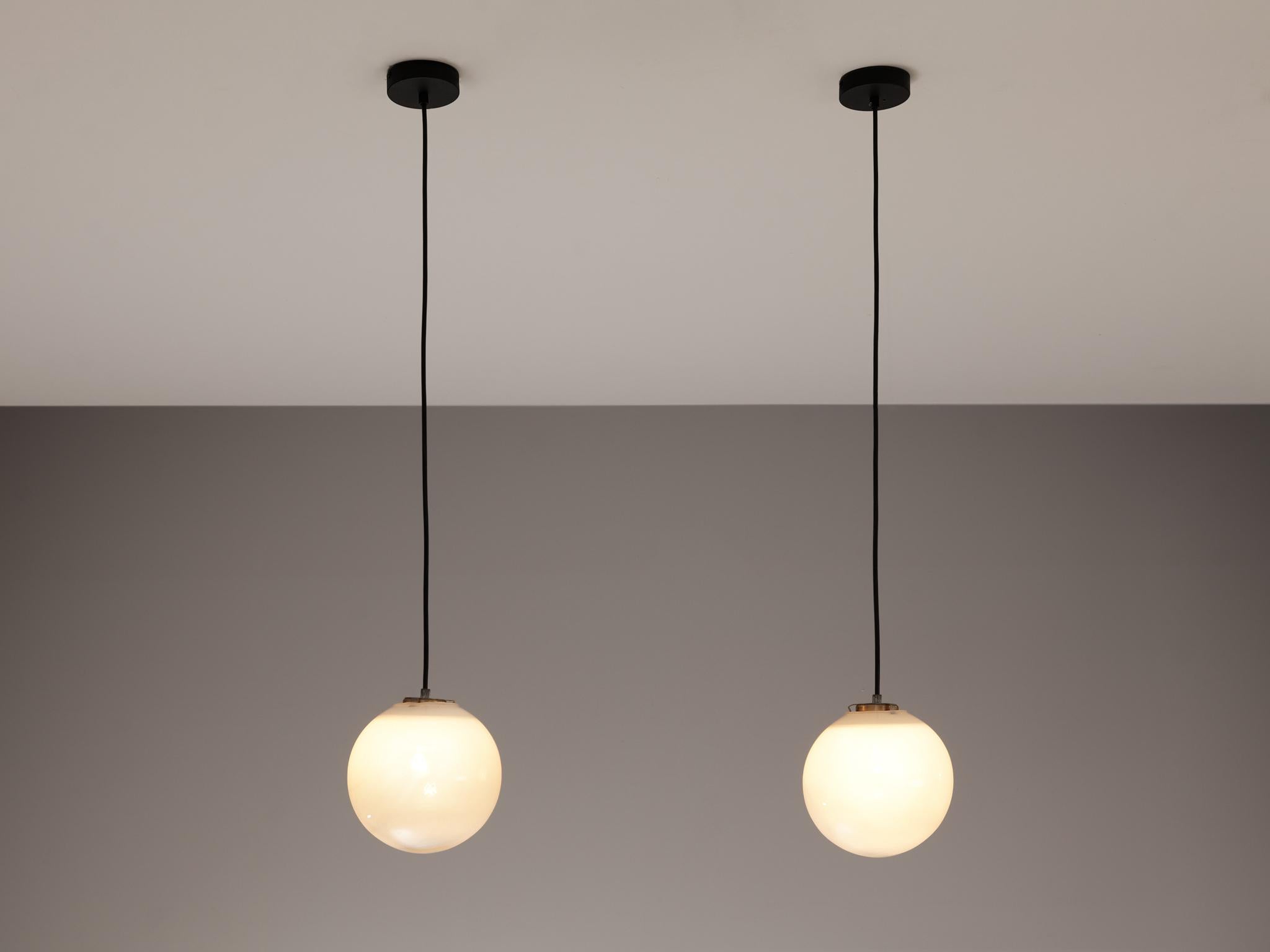 European Mid-Century Pendants in White Opaque to Clear Glass  For Sale