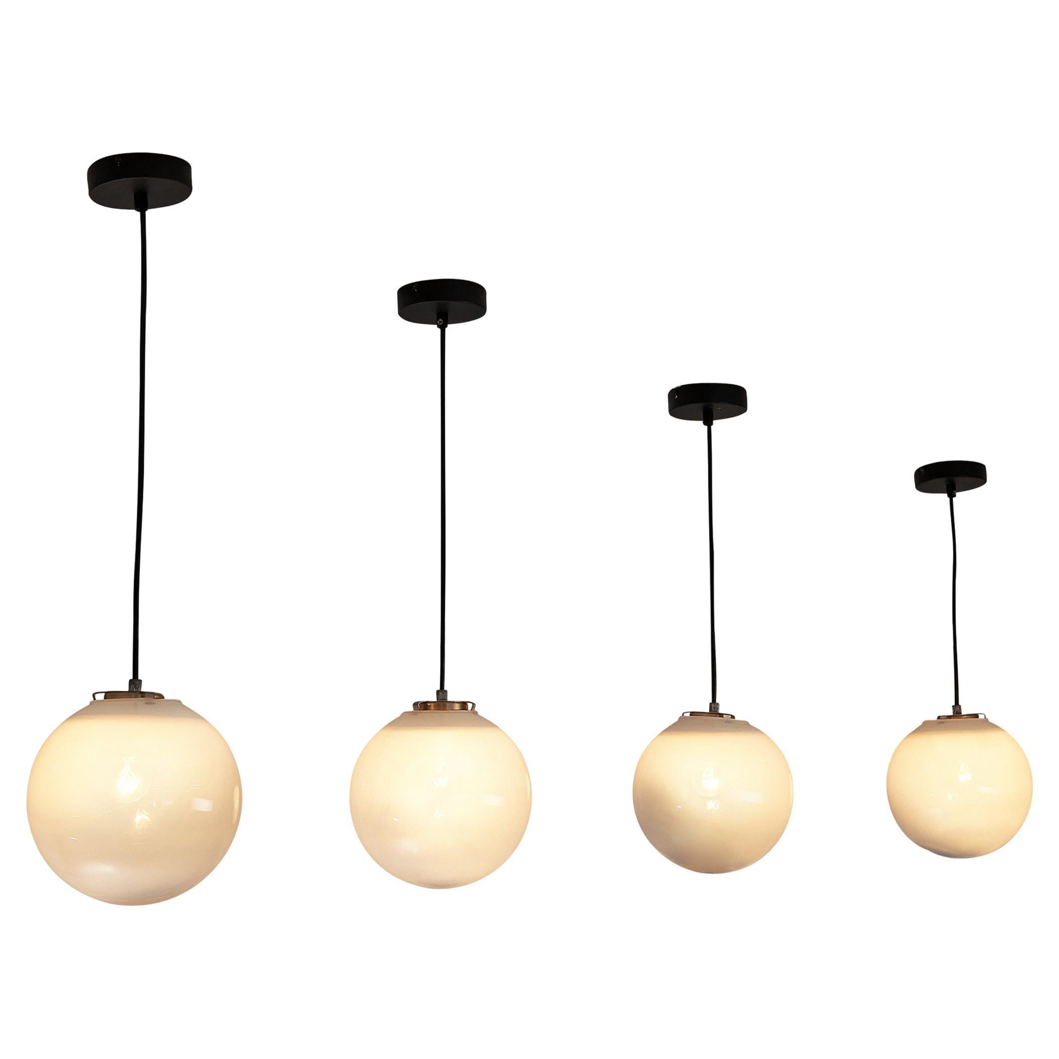 Mid-Century Pendants in White Opaque to Clear Glass  For Sale