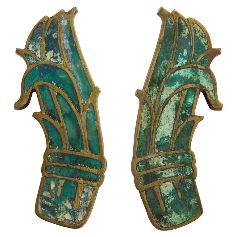 Midcentury Pepe Mendoza Pull Handles in Brass with Ceramic Inlay