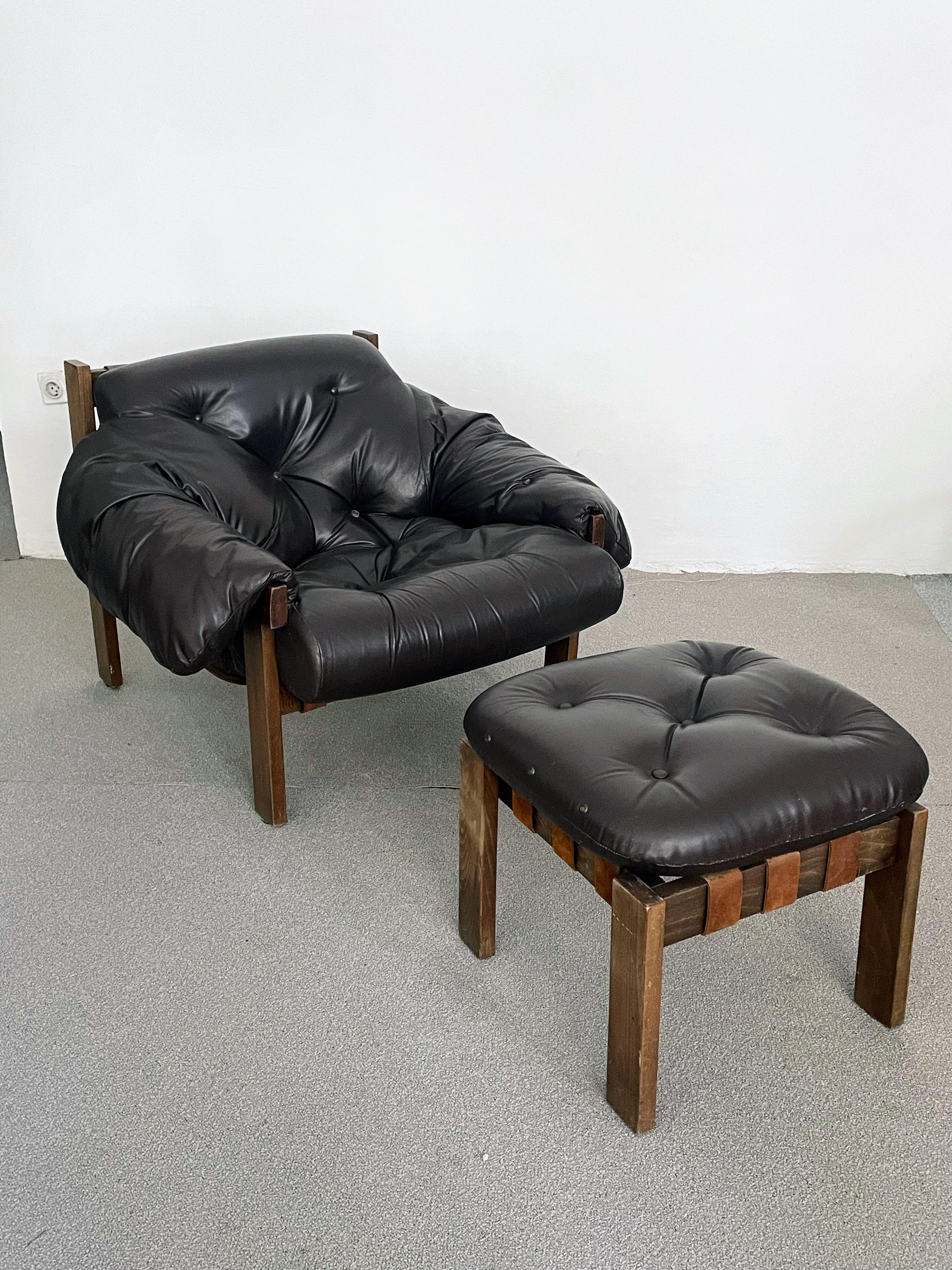 Hungarian Mid-Century Percival Lafer Style Leather Armchair and Ottoman, 1970s