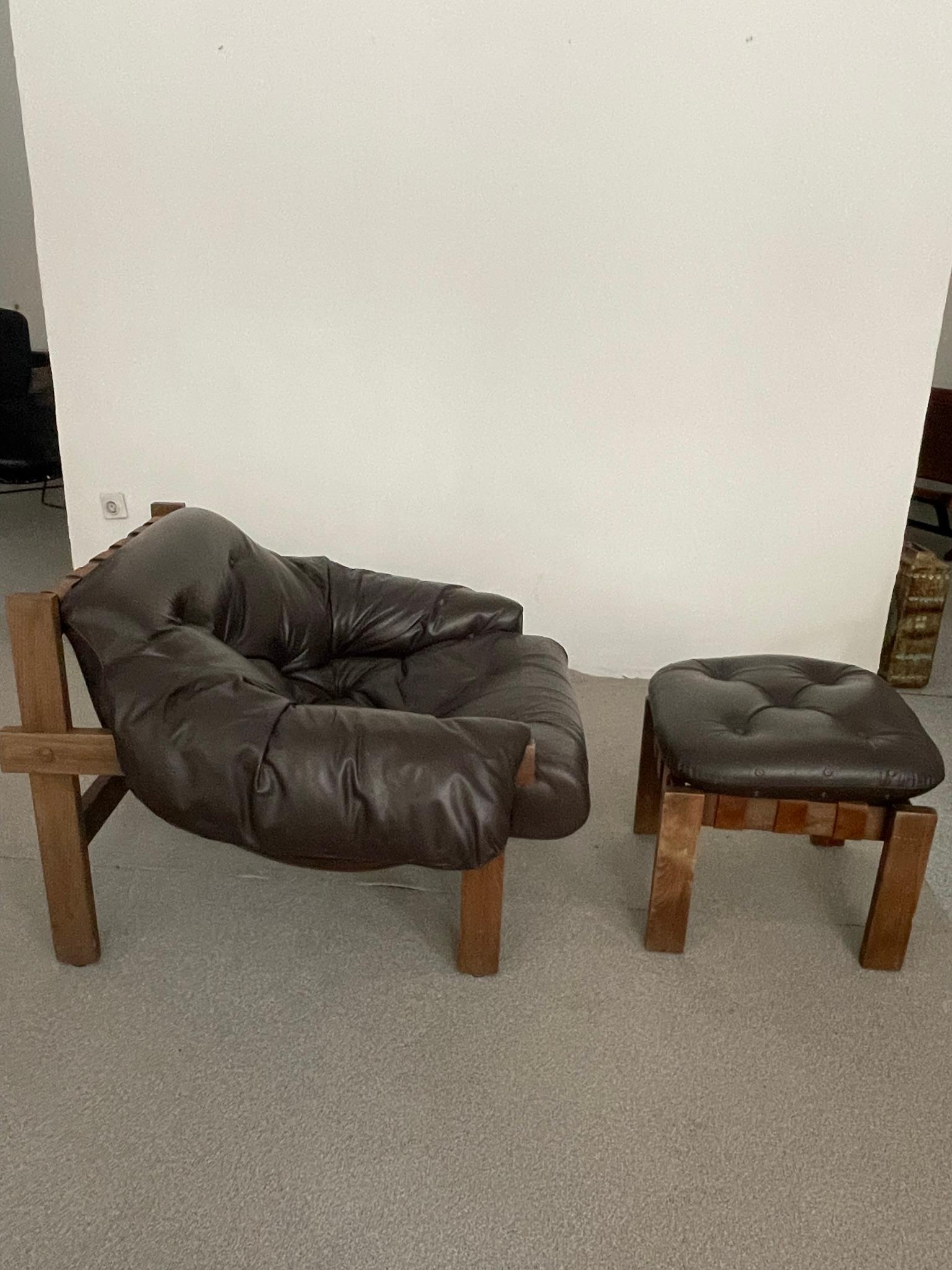 Mid-Century Percival Lafer Style Leather Armchair and Ottoman, 1970s In Good Condition In Debrecen-Pallag, HU