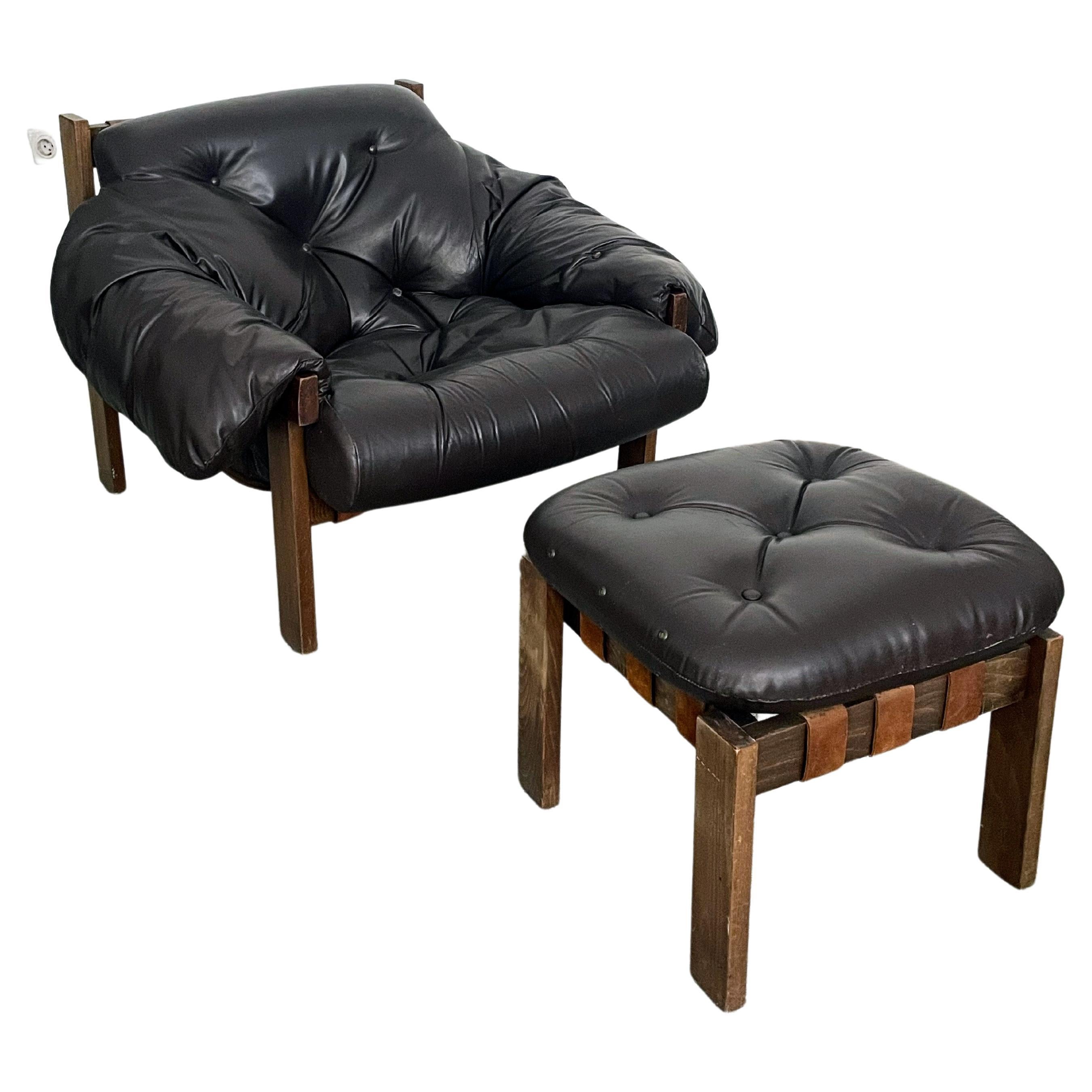 Mid-Century Percival Lafer Style Leather Armchair and Ottoman, 1970s