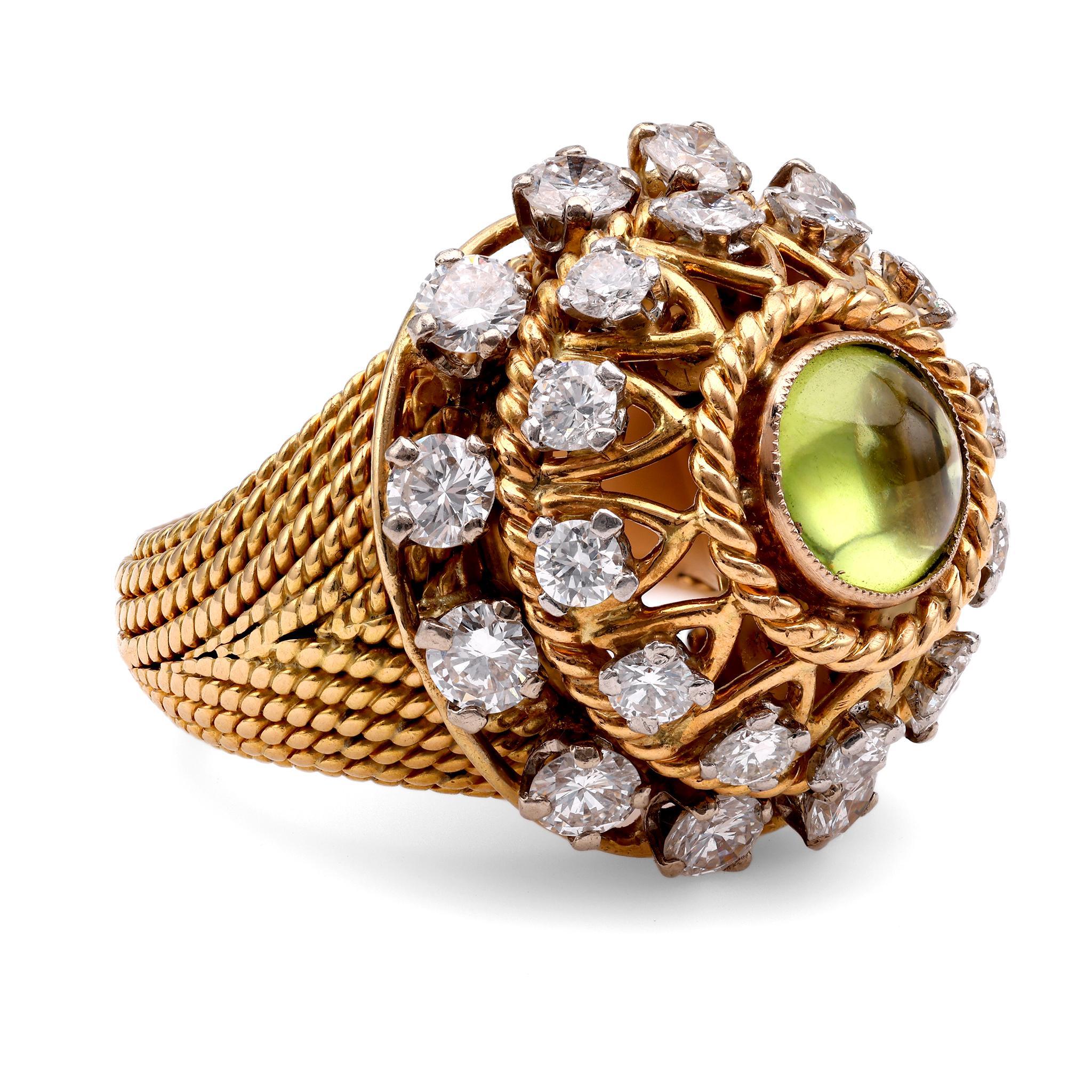 Cabochon Mid-Century Peridot Diamond 18K Yellow Gold Cocktail Ring