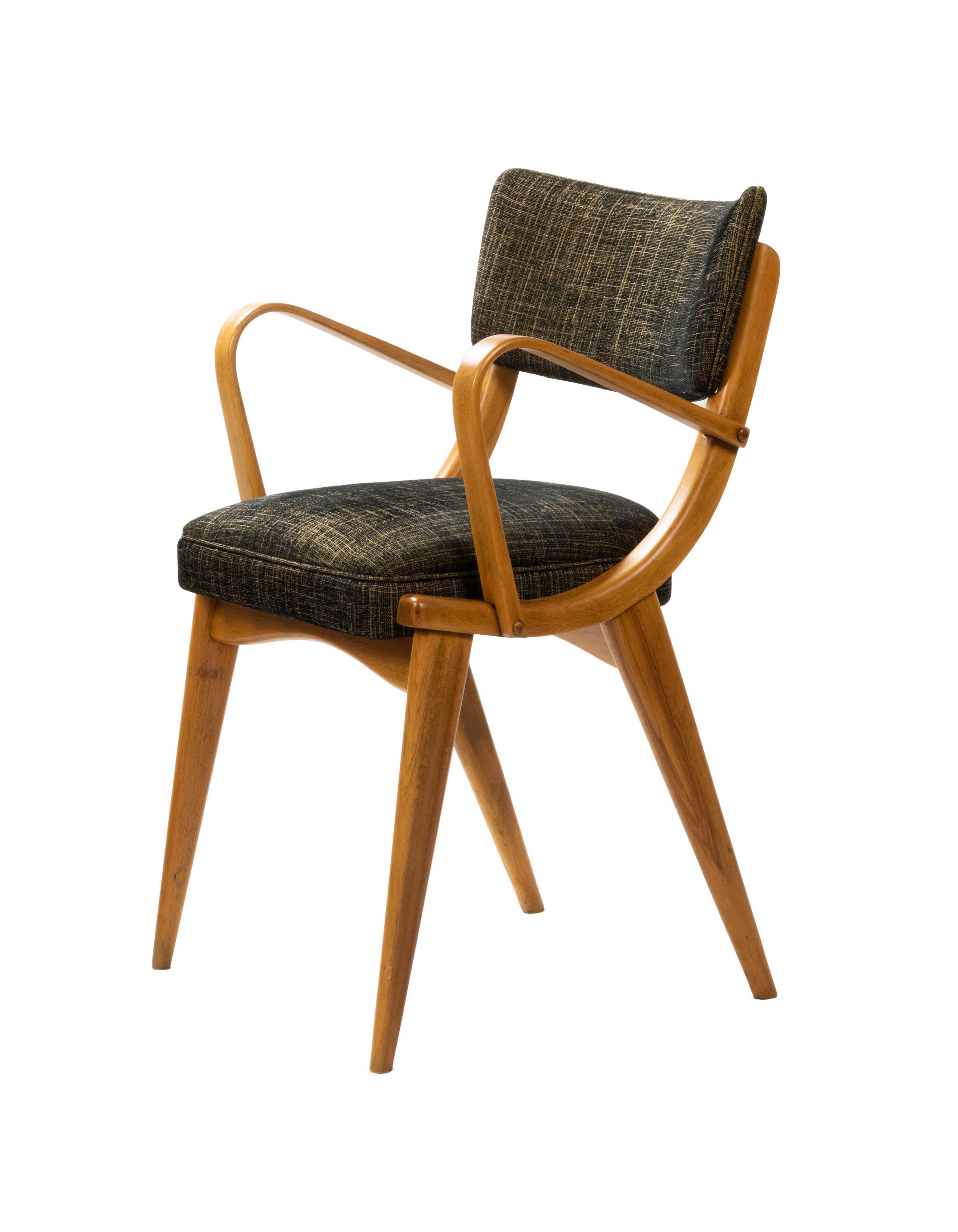 Mid Century Period Set Of Armchairs, (1952 - 1960), Denmark   
9323

A spectacular Mid Century period set of four armchairs with well preserved structure, arms, and legs, great upholstery, and a strong esthetic sense, a highly desirable décor
